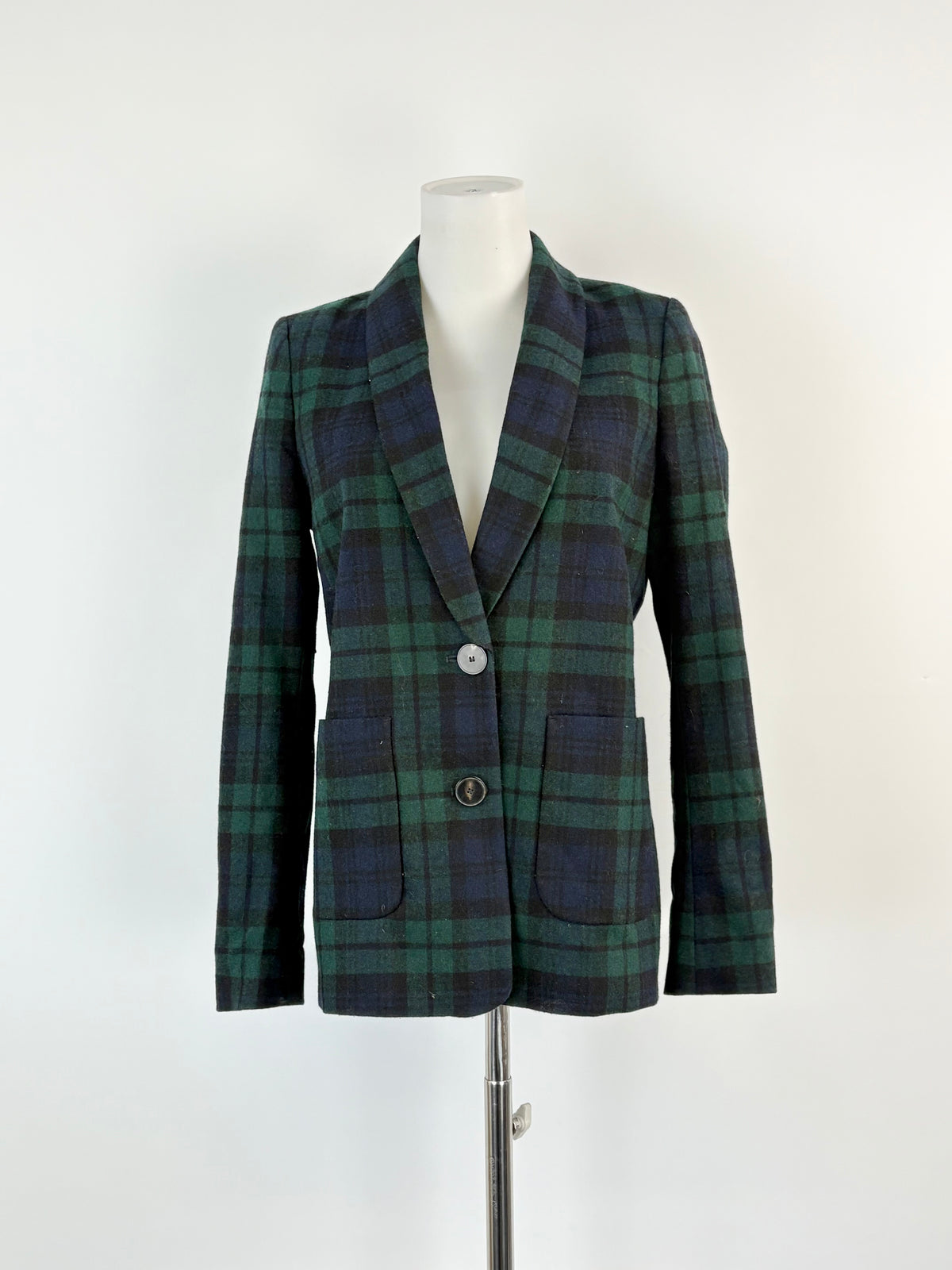 Sézane Navy Tartan 'Christie' Double-Breasted Blazer - AU8