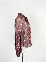 Ulla Johnson Sheer Magenta Pansy Patterned Bishop Sleeve Blouse - AU8