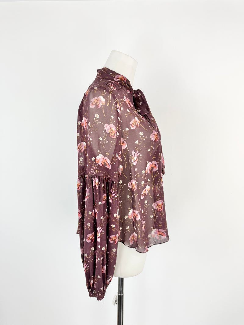 Ulla Johnson Sheer Magenta Pansy Patterned Bishop Sleeve Blouse - AU8
