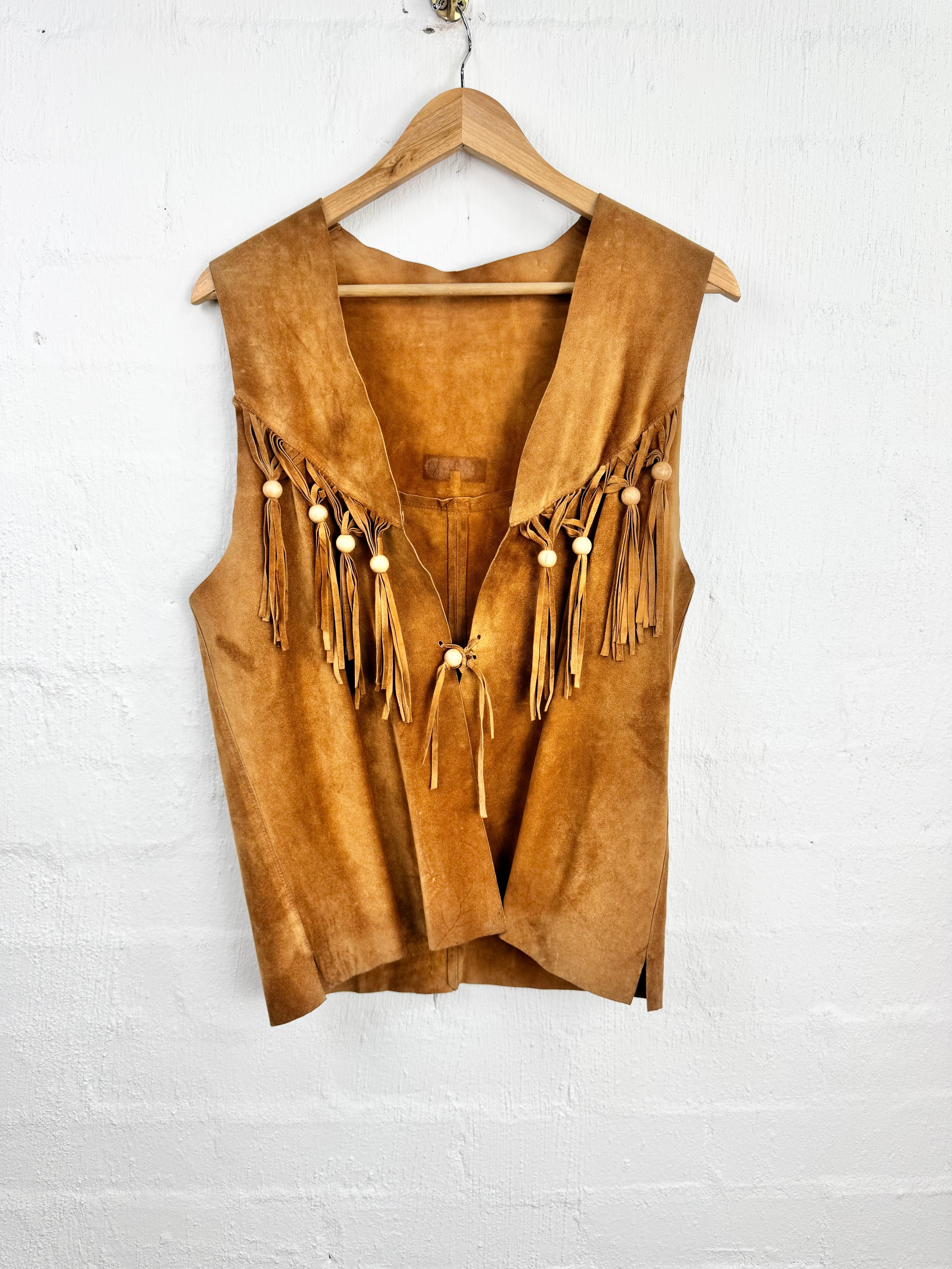 Vintage Tan Fringed Open Front Vest - AU10/12