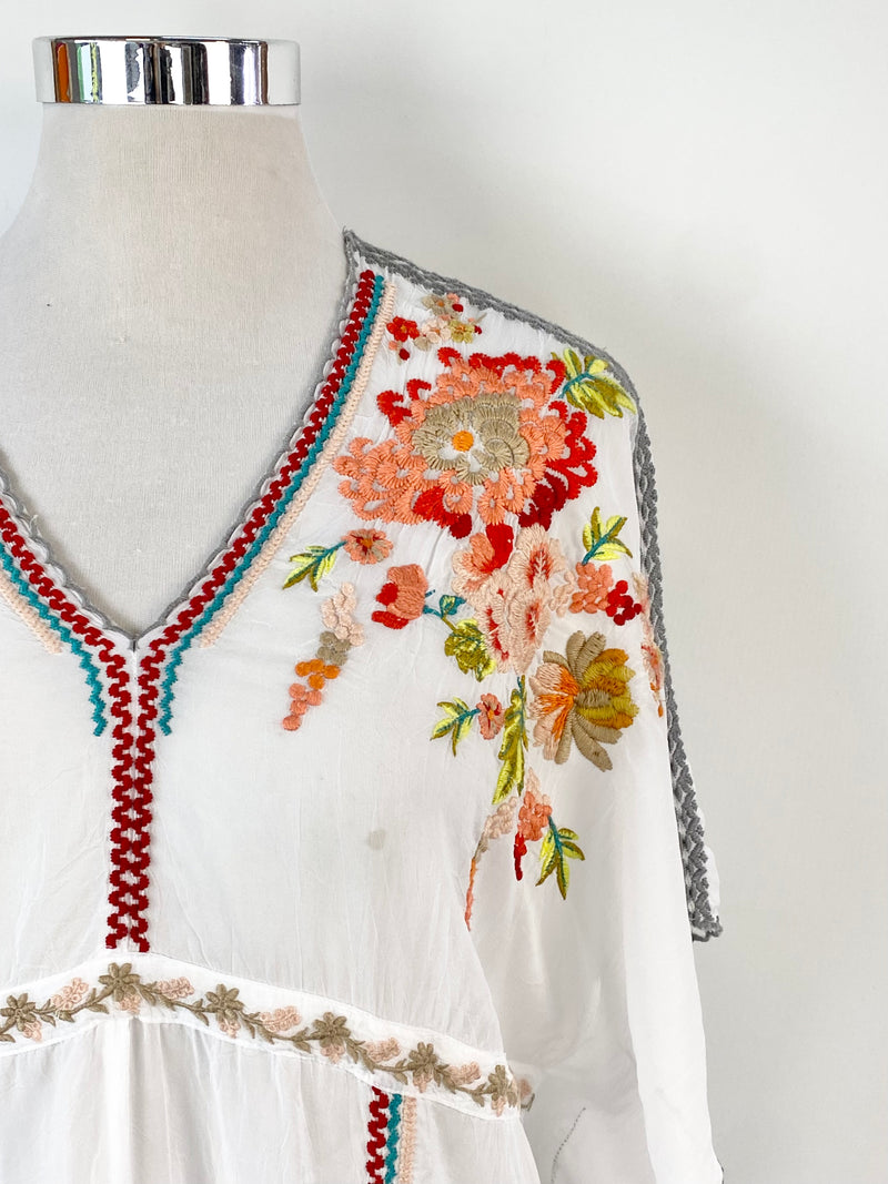 Johnny Was Sheer White Floral Embroidered Tunic - AU10/12