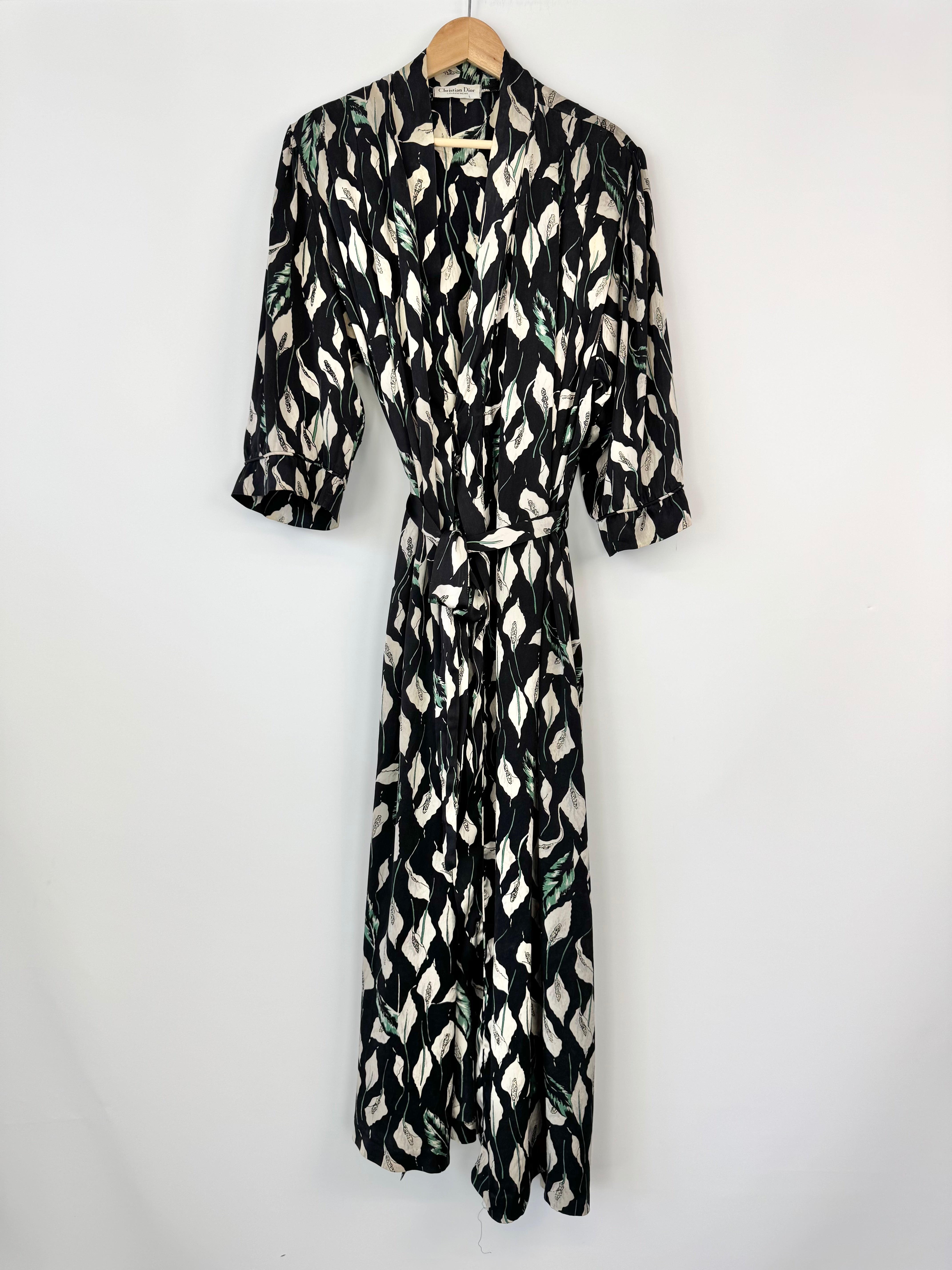 Christian Dior Loungewear Black Lily Patterned Silk Dressing Gown - AU12/14