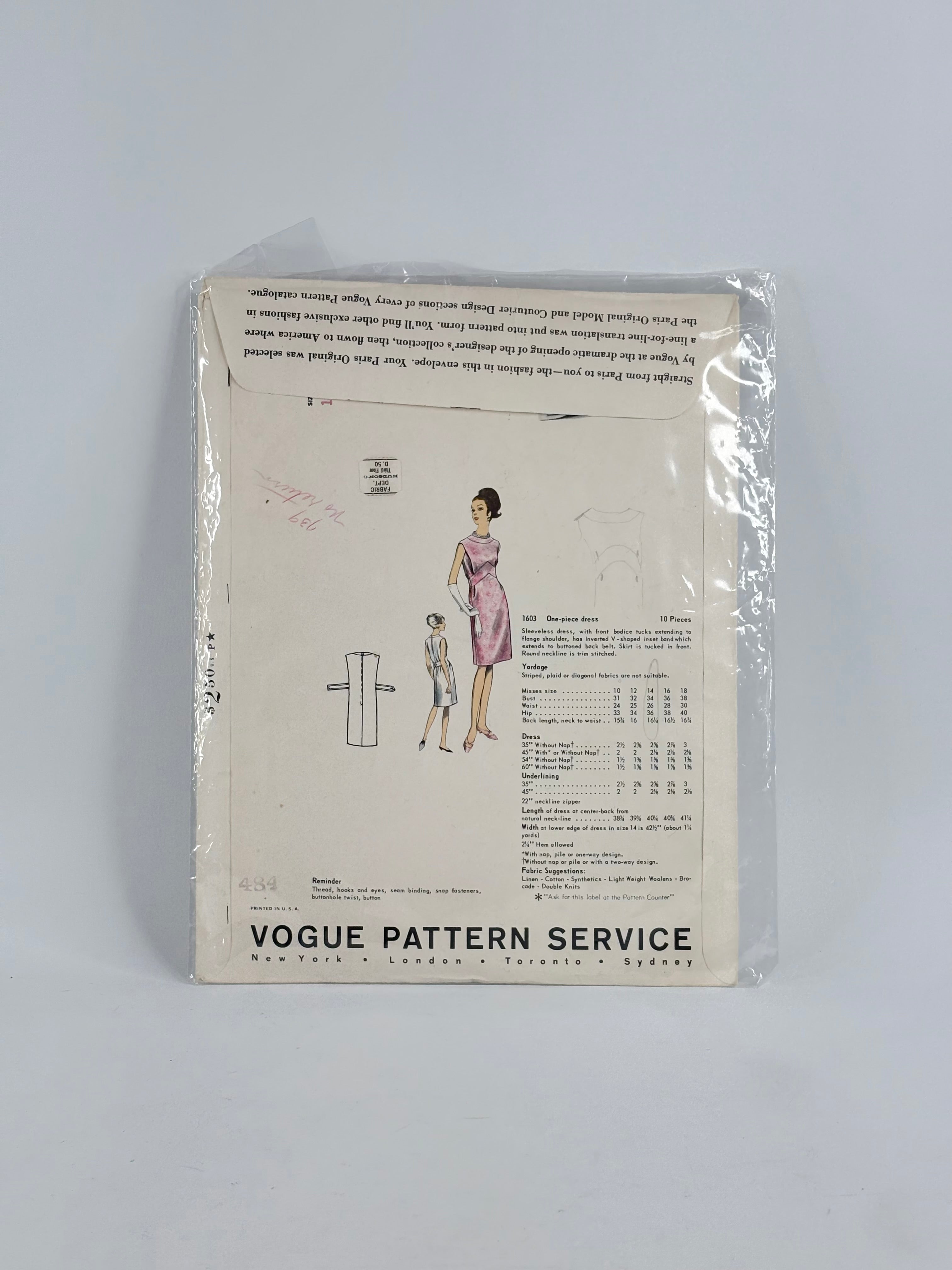 Vogue Paris Original Pierre Cardin Dress: No. 1603 - Size 12