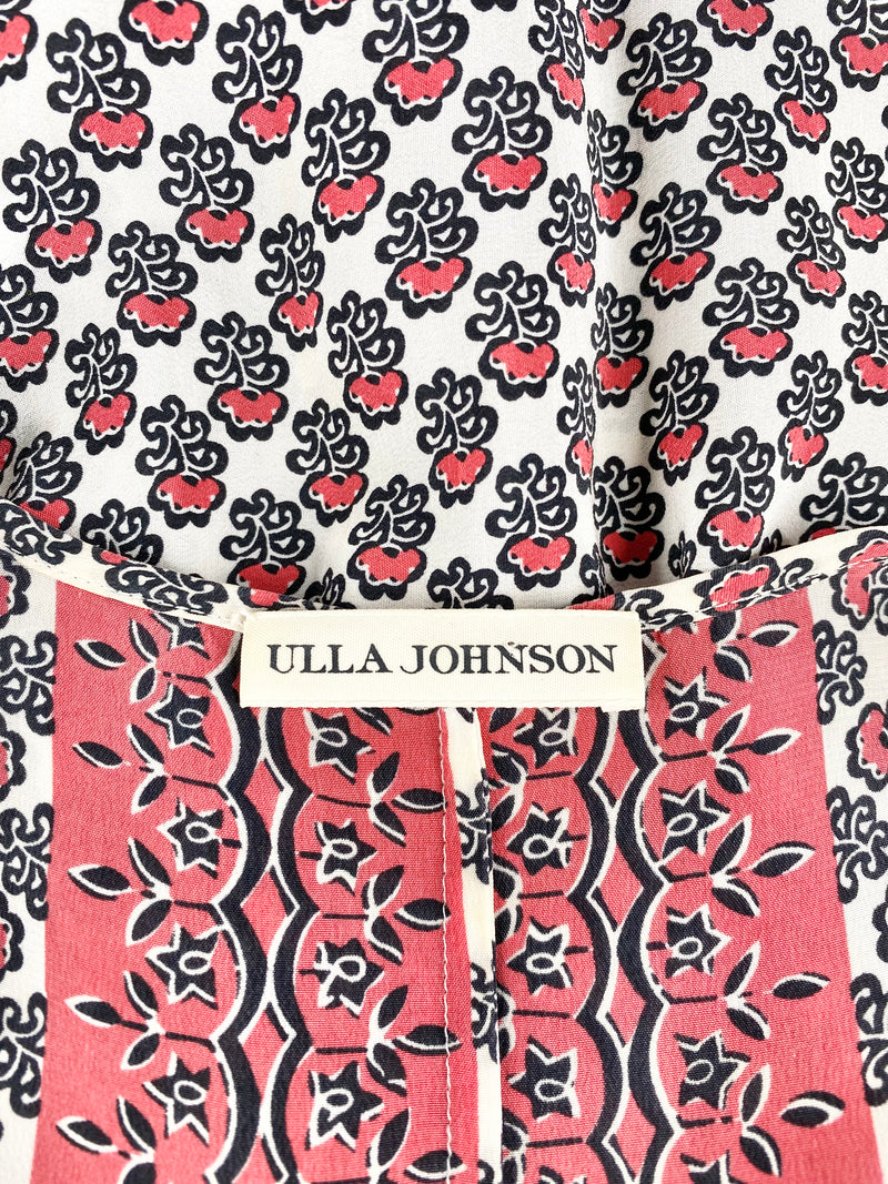 Ulla Johnson Red & Cream Floral Motif Bohemian Silk Dress - AU8/10