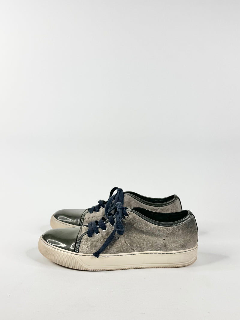 Lanvin Suede & Patent Leather Ash & Olive Sneakers - US8