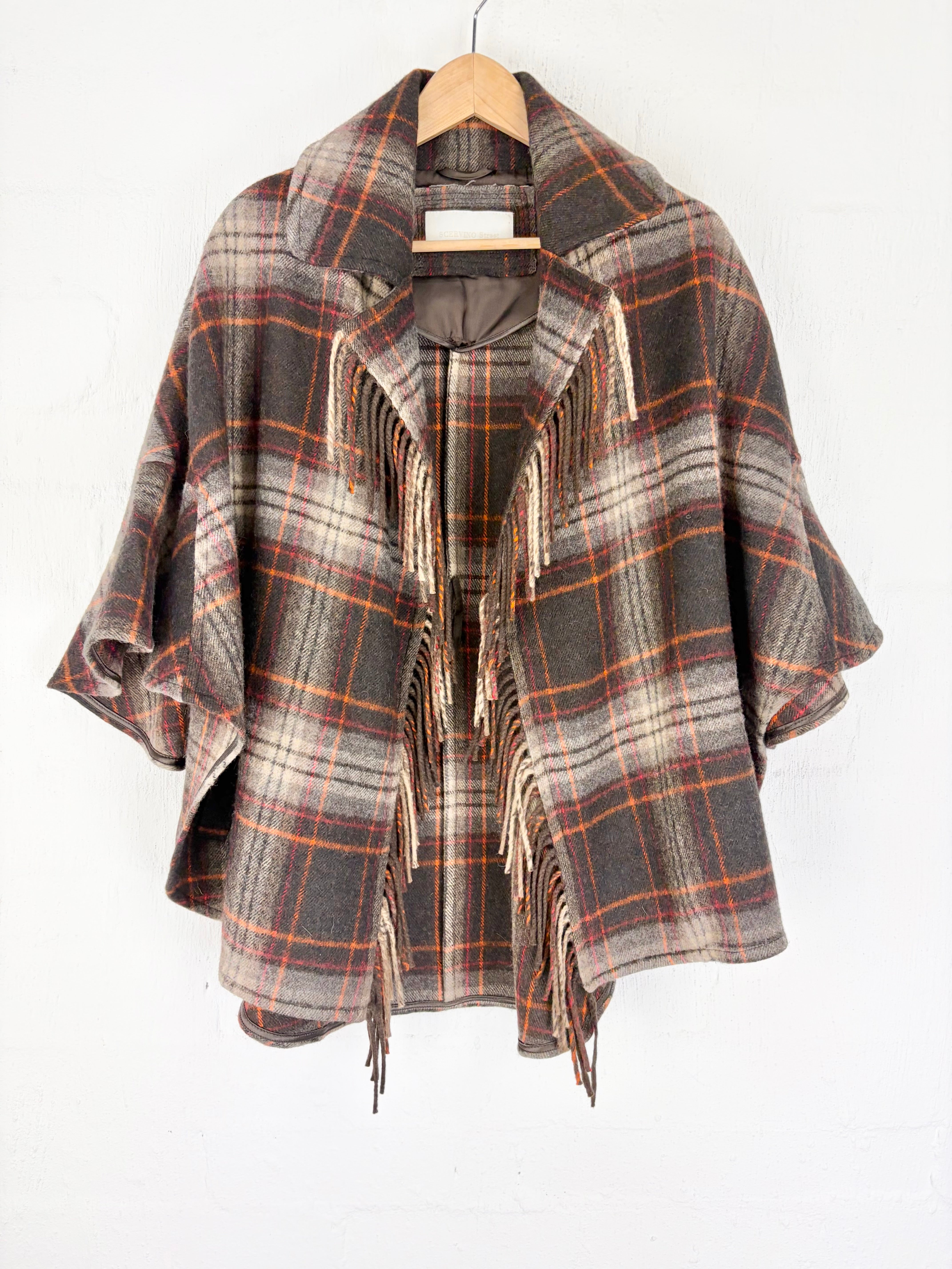 Ermanno Scervino Expresso Plaid Wool Fringed Poncho - AU8/10