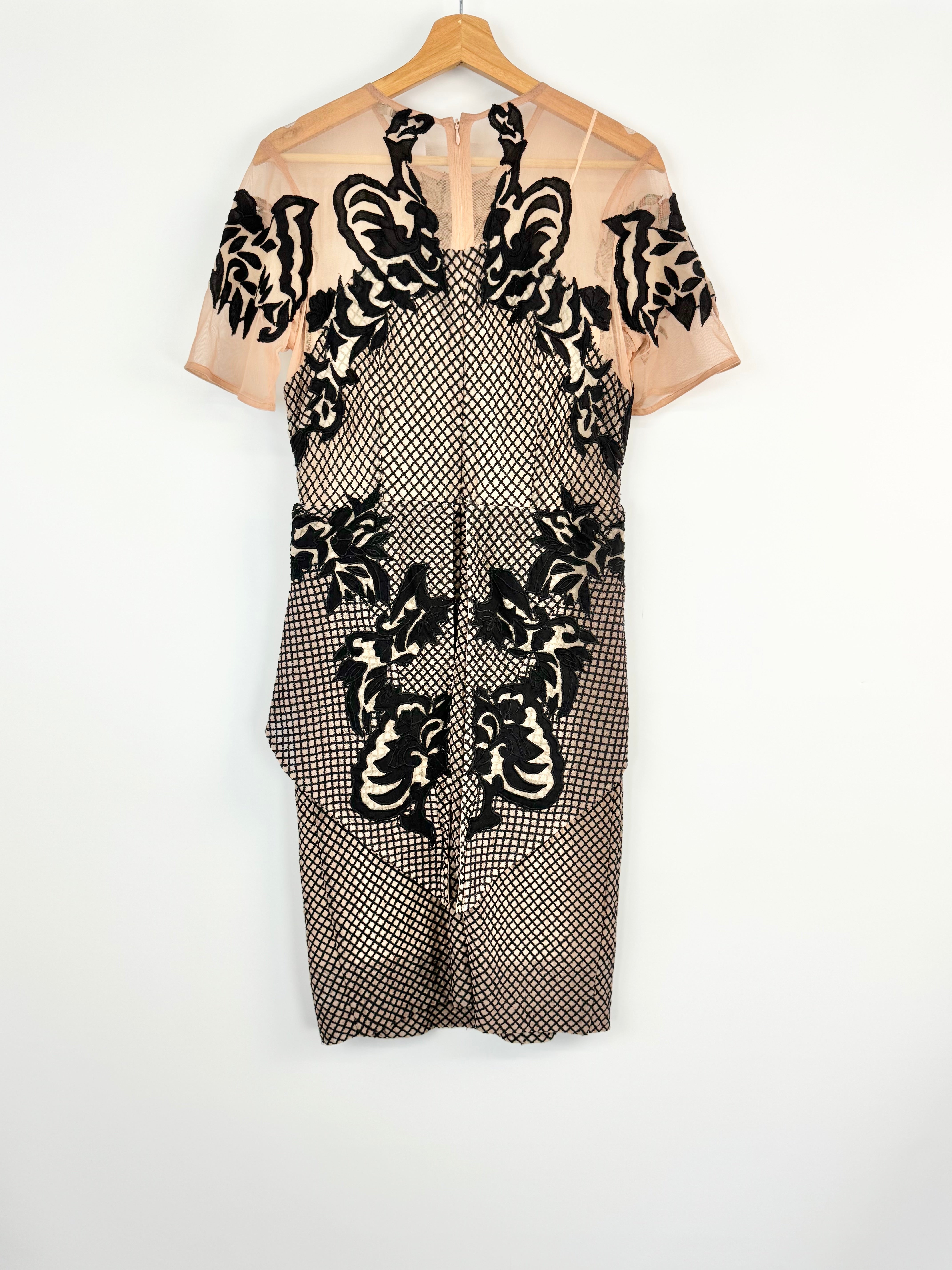 Thurley Black & Beige Mesh Lace Silk Lined Sheath Dress - AU12