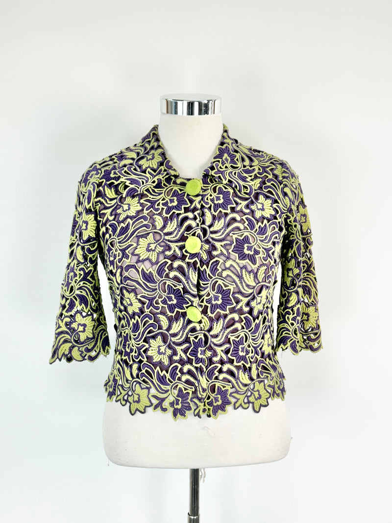 Moss & Spy Lichen Green & Violet Lace Button Up Top - AU10