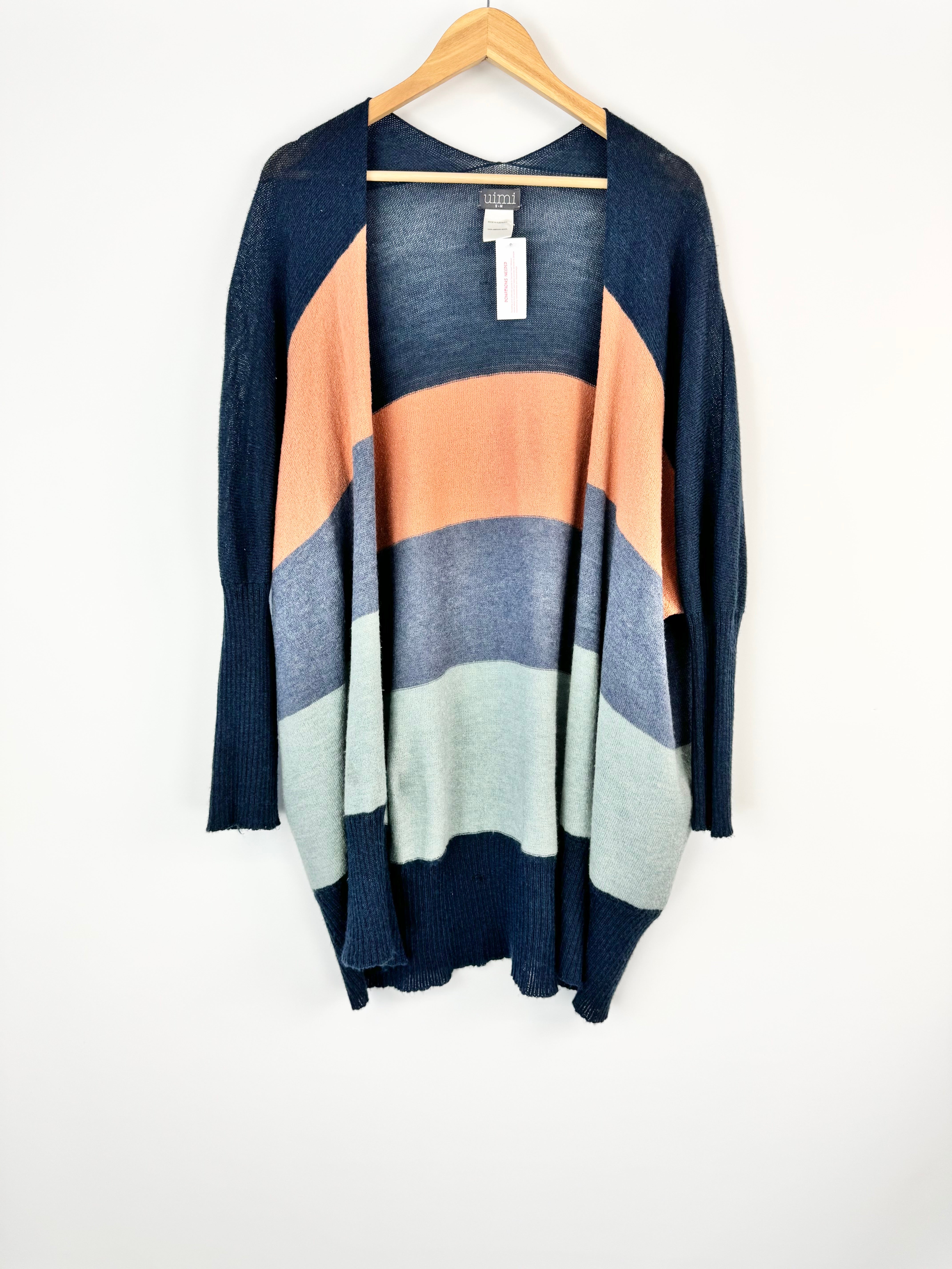 UIMI Blue Grey & Peach Striped Open Merino Wool Cardigan - AU8/10