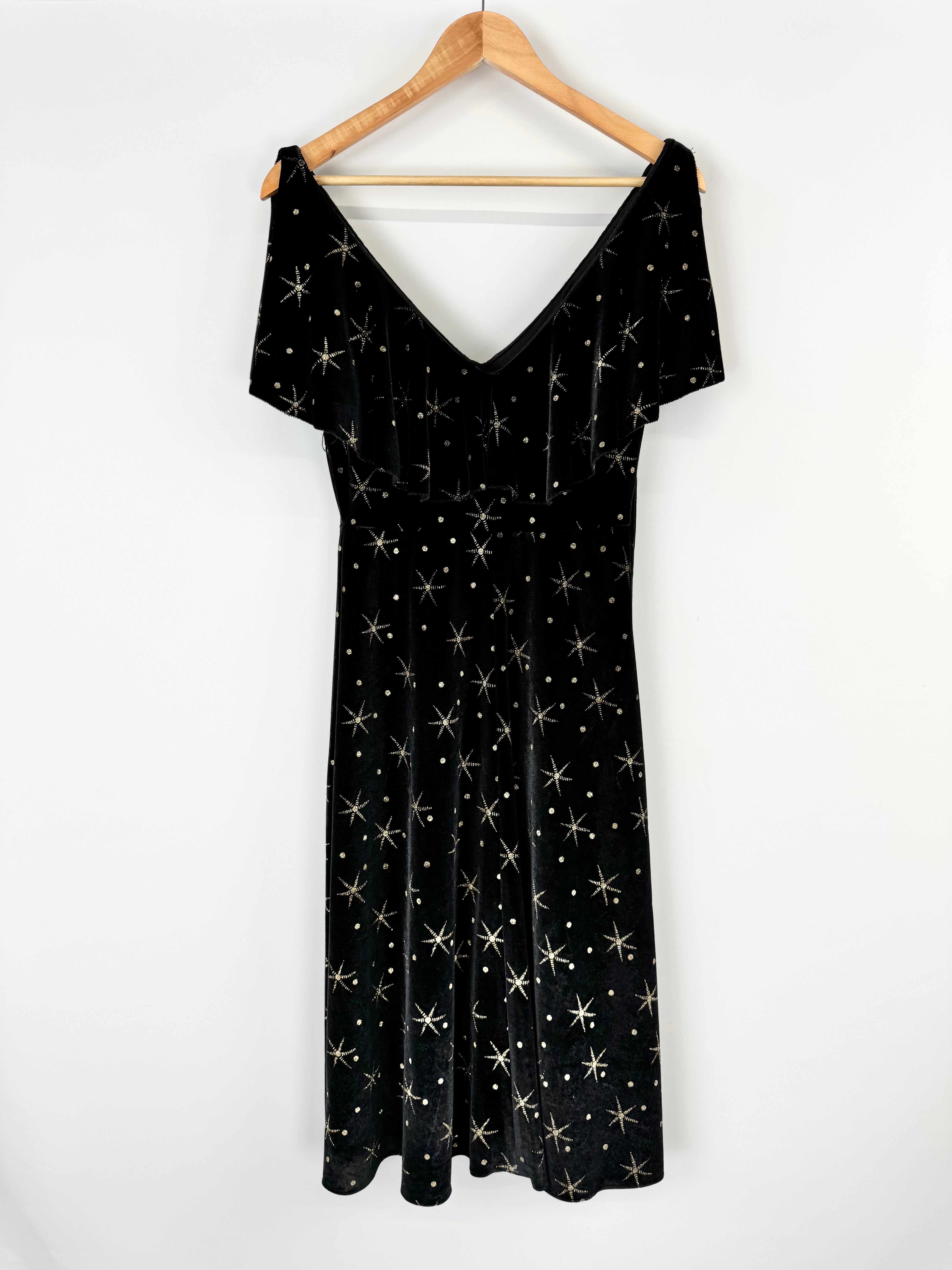 Glamaxy Australia Black Velvet Star Patterned Midi Dress - AU8
