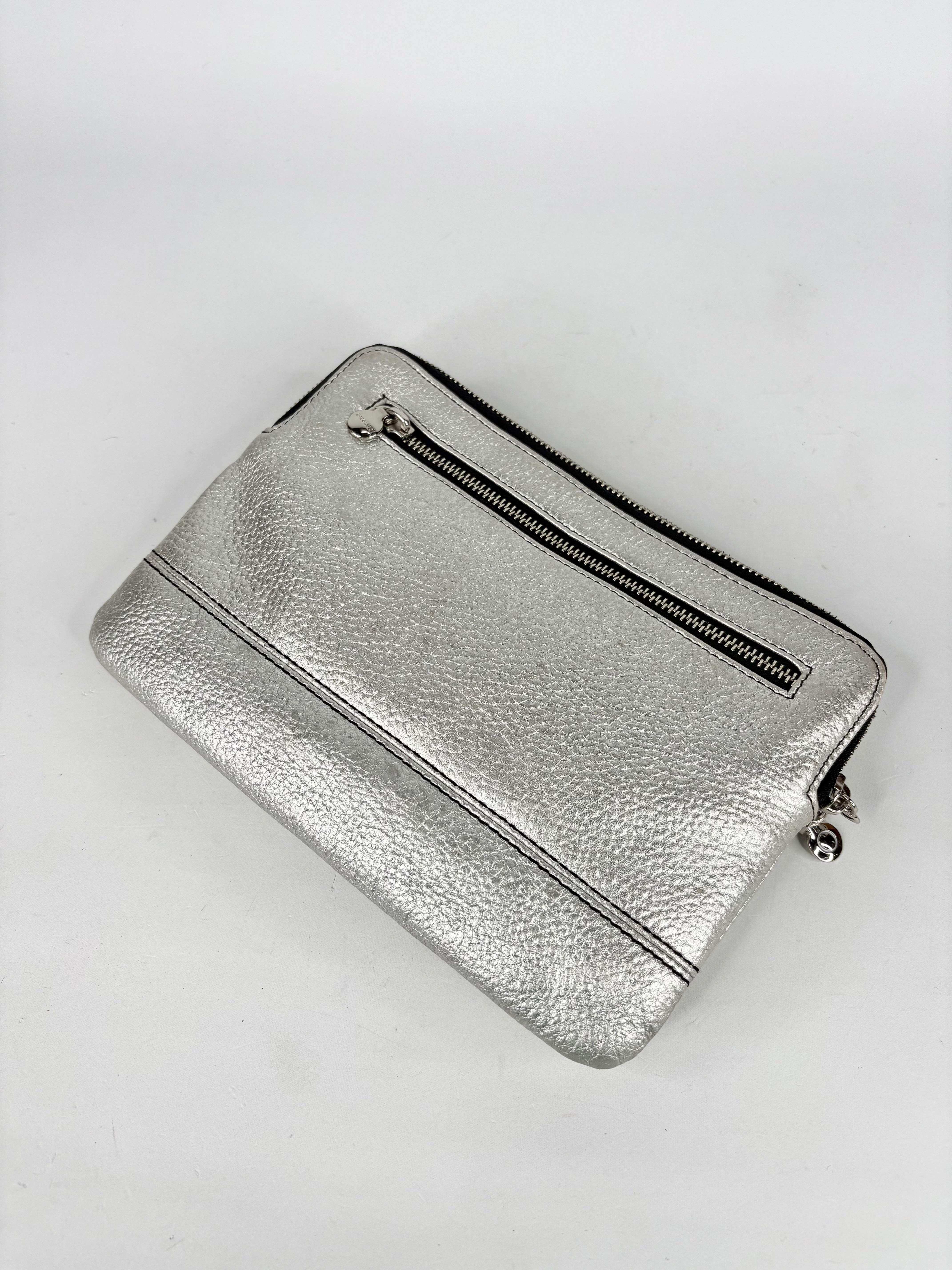 Oroton Metallic Silver Leather Clutch Bag