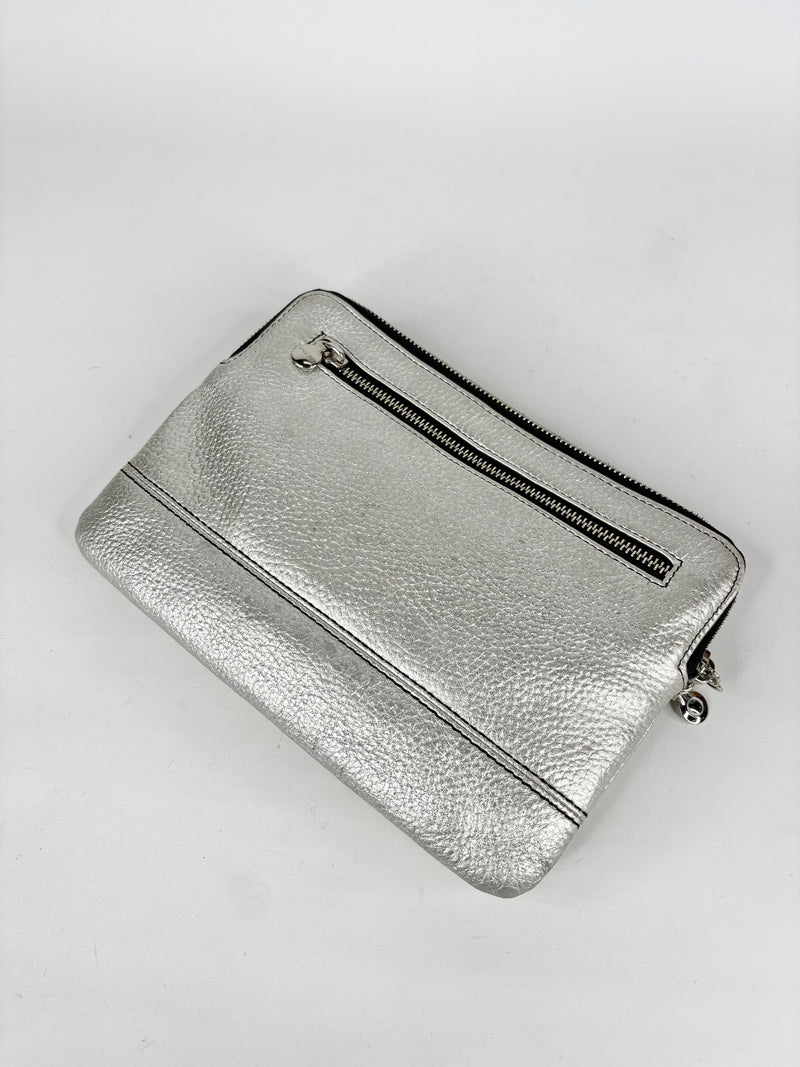 Oroton Metallic Silver Leather Clutch Bag