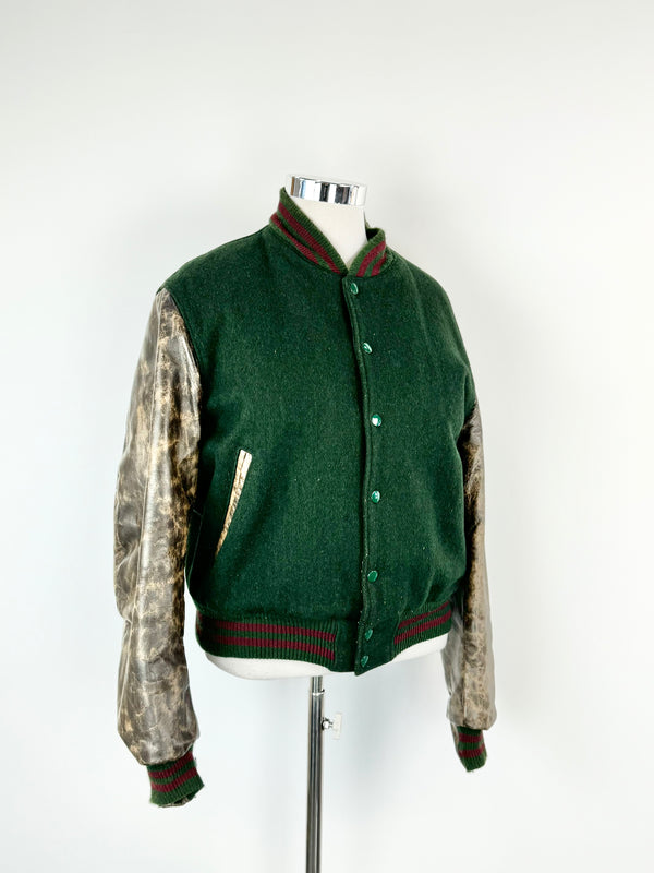 Vintage 80s Hudson Green & Brown Wool & Leather Bomber Jacket - L