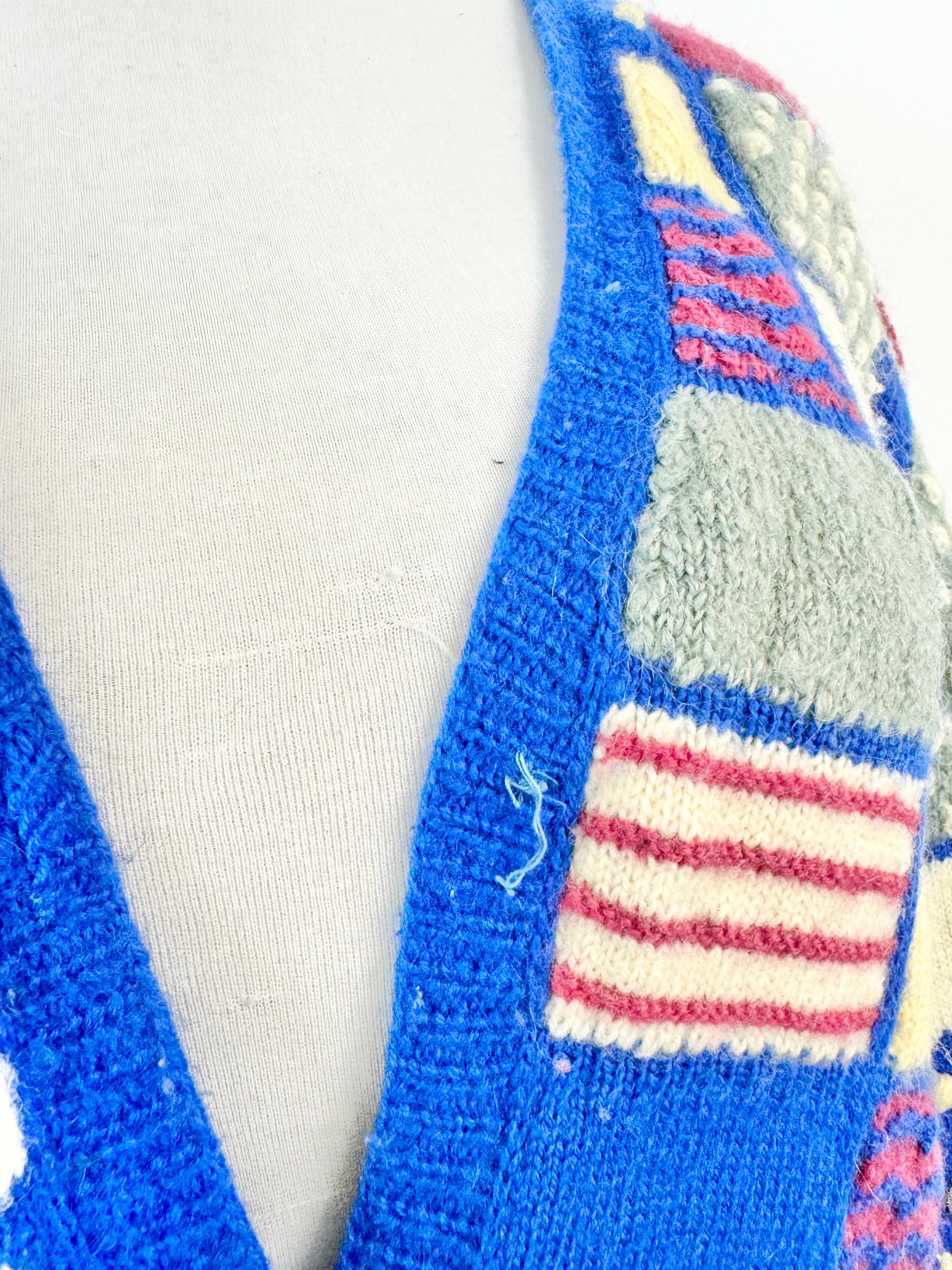 Vintage 70s Blue, Grey & Pink 3D Knitted Cardigan - AU12