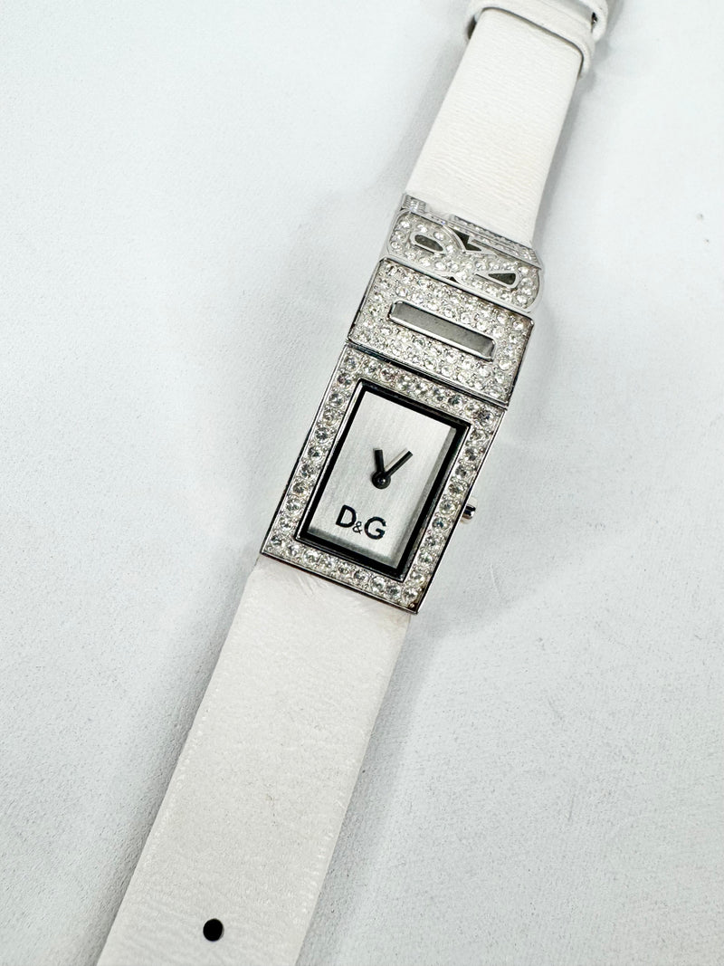 D&G White Leather 'DG' Crystal Embellished Watch