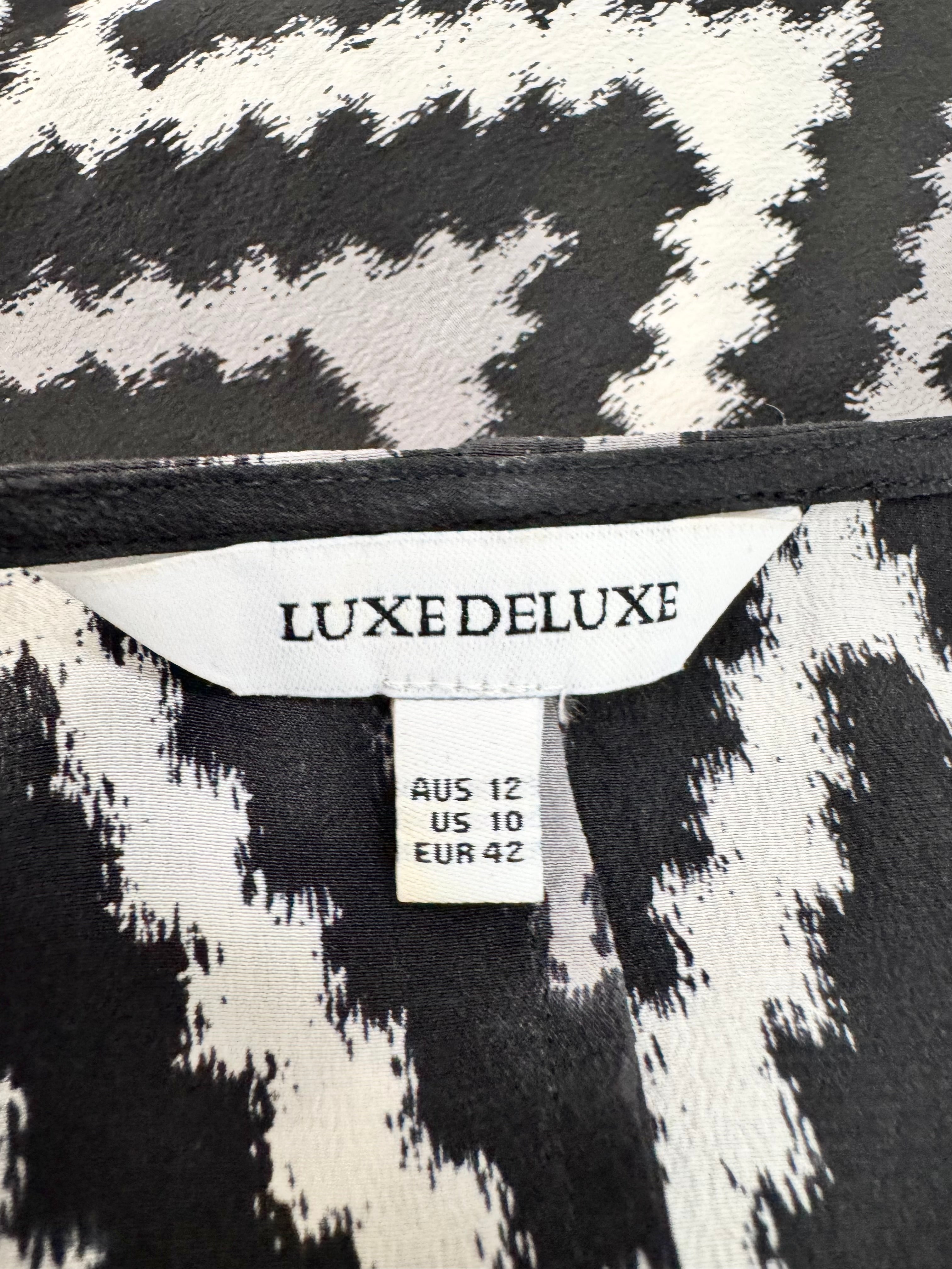 Luxe Deluxe Silk Black & White Geometric Patterned Tie Midi Dress - AU12