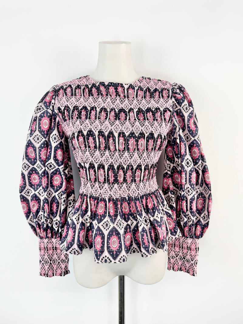 Malie Pink & Purple Patterned Peasant Blouse NWT - AU8/10