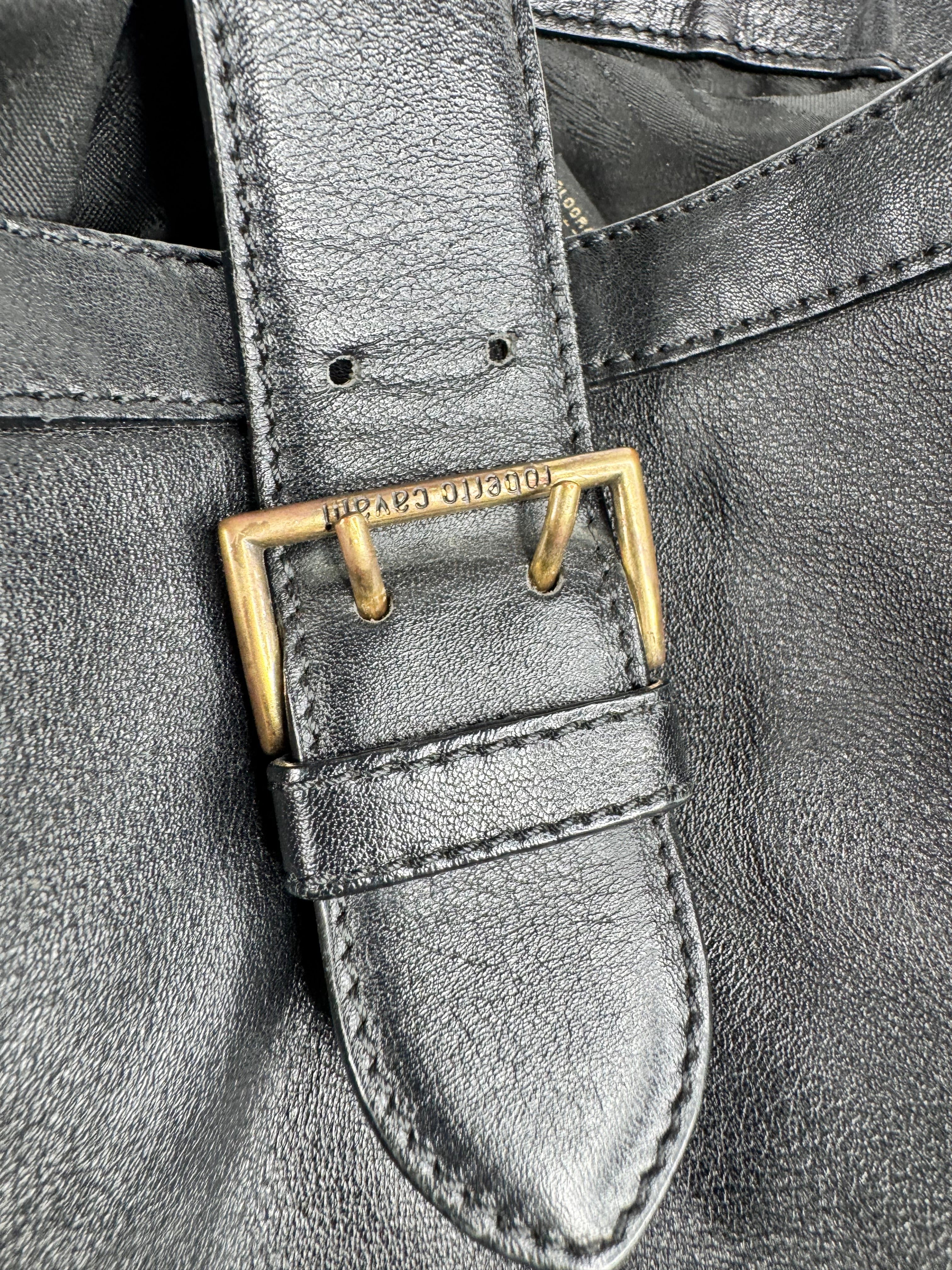 Roberto Cavalli Black Leather Corset Laced Tote Bag