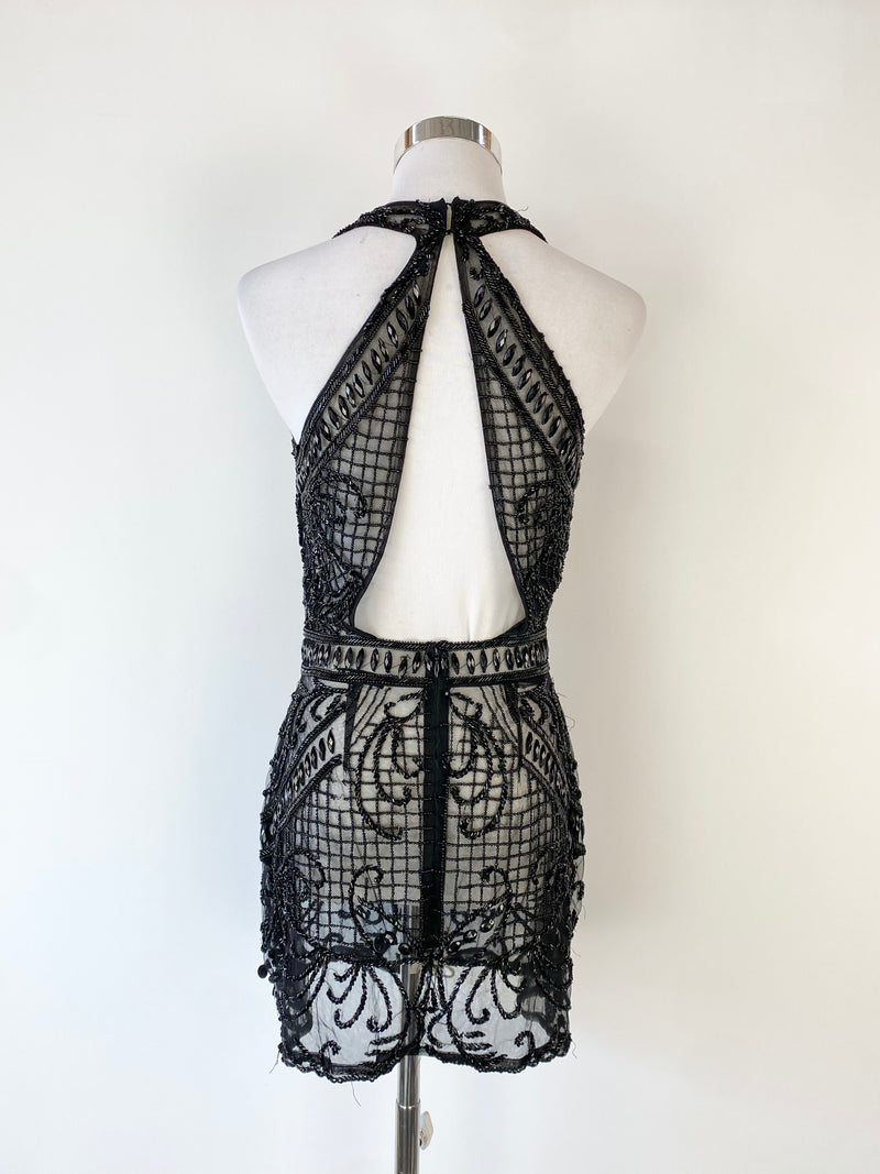Madame X Sheer Black Mesh Beaded Mini Dress - AU8