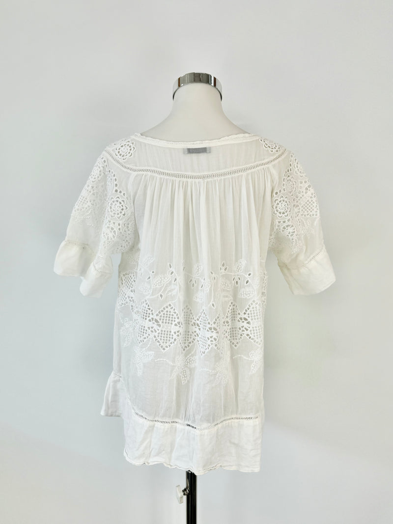 Hunky Dory White Semi Sheer Lace Peasant Top - AU8/10