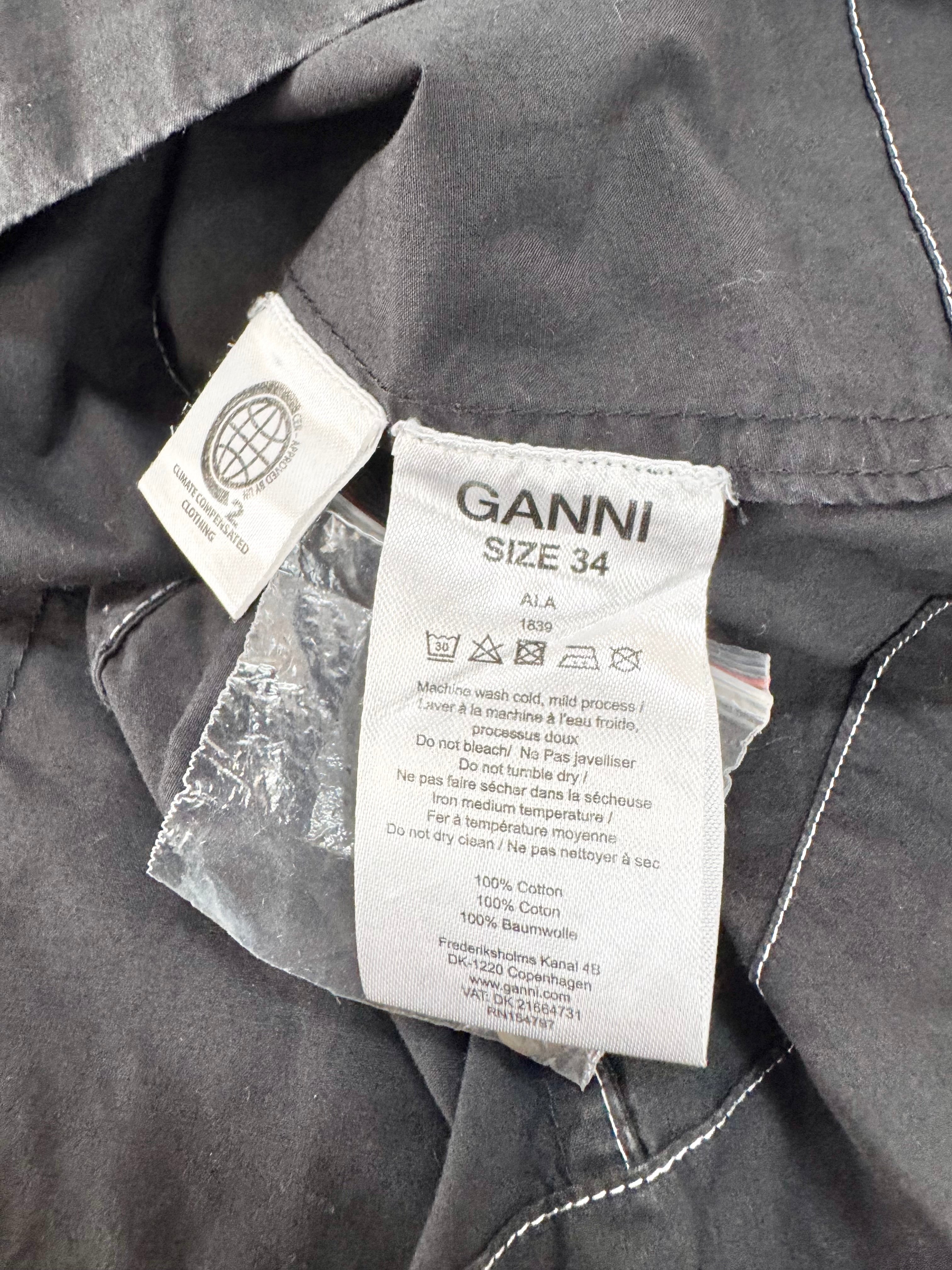 Ganni Black Cotton Poplin Button Up Puff Sleeve Blouse - AU6