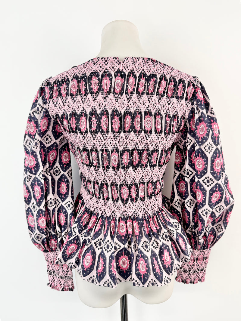 Malie Pink & Purple Patterned Peasant Blouse NWT - AU8/10