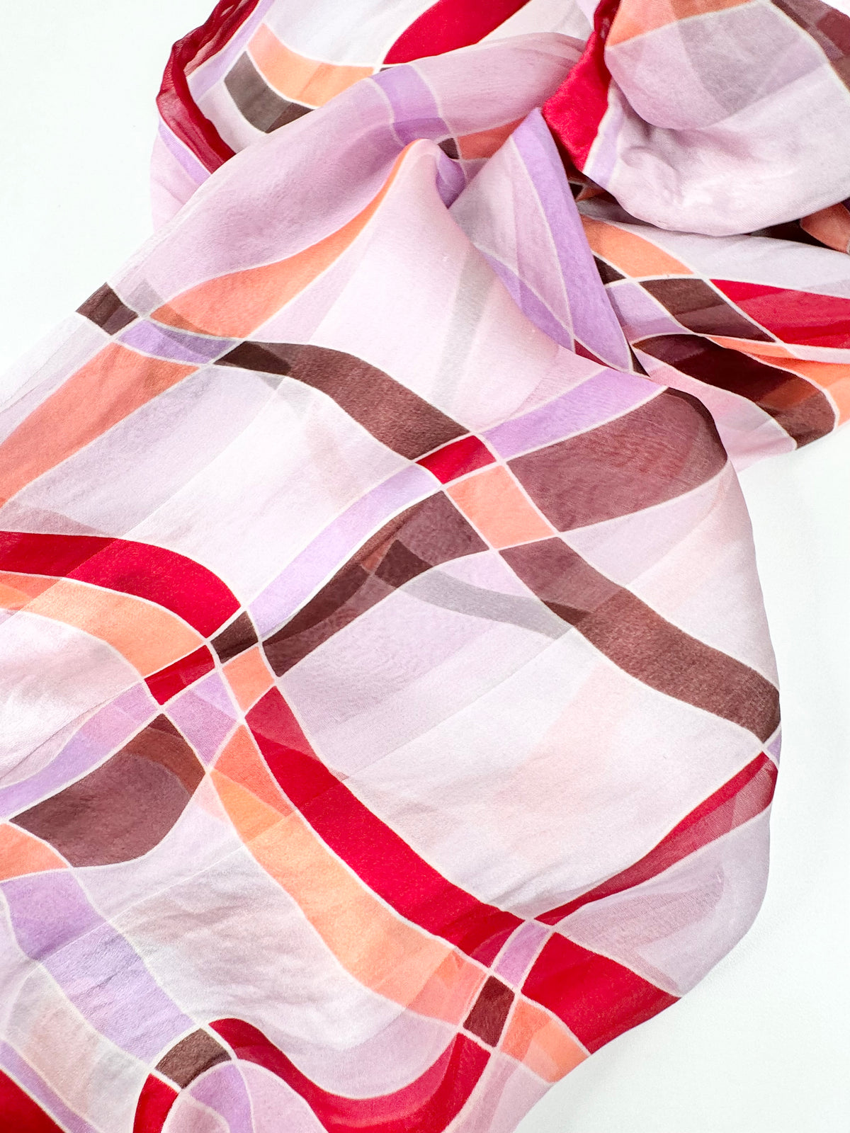 Retro Patterned Red & Lavender Hand-Rolled Silk Scarf