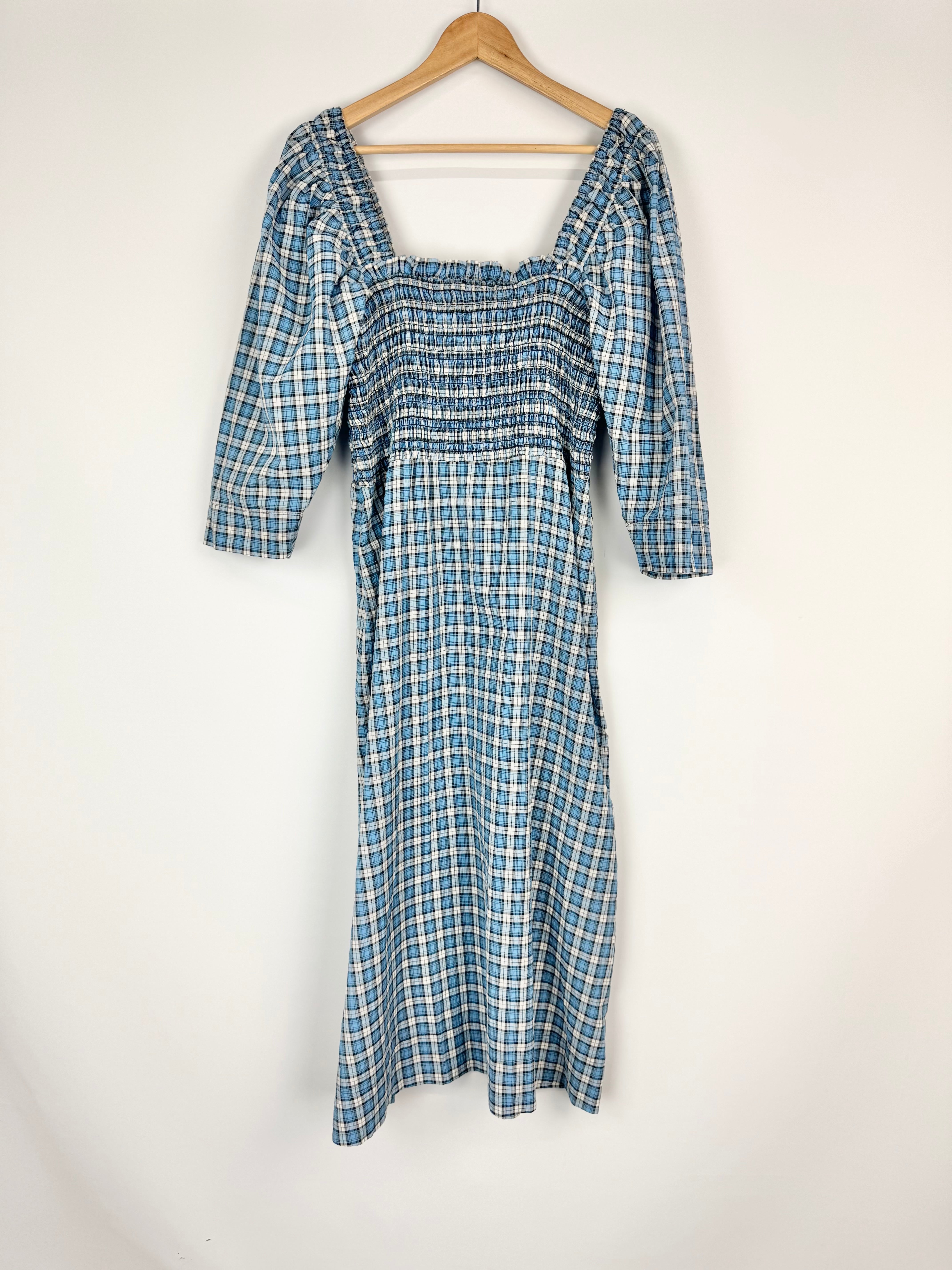 Ganni Blue Plaid Shirred Seersucker Midi Dress - AU10