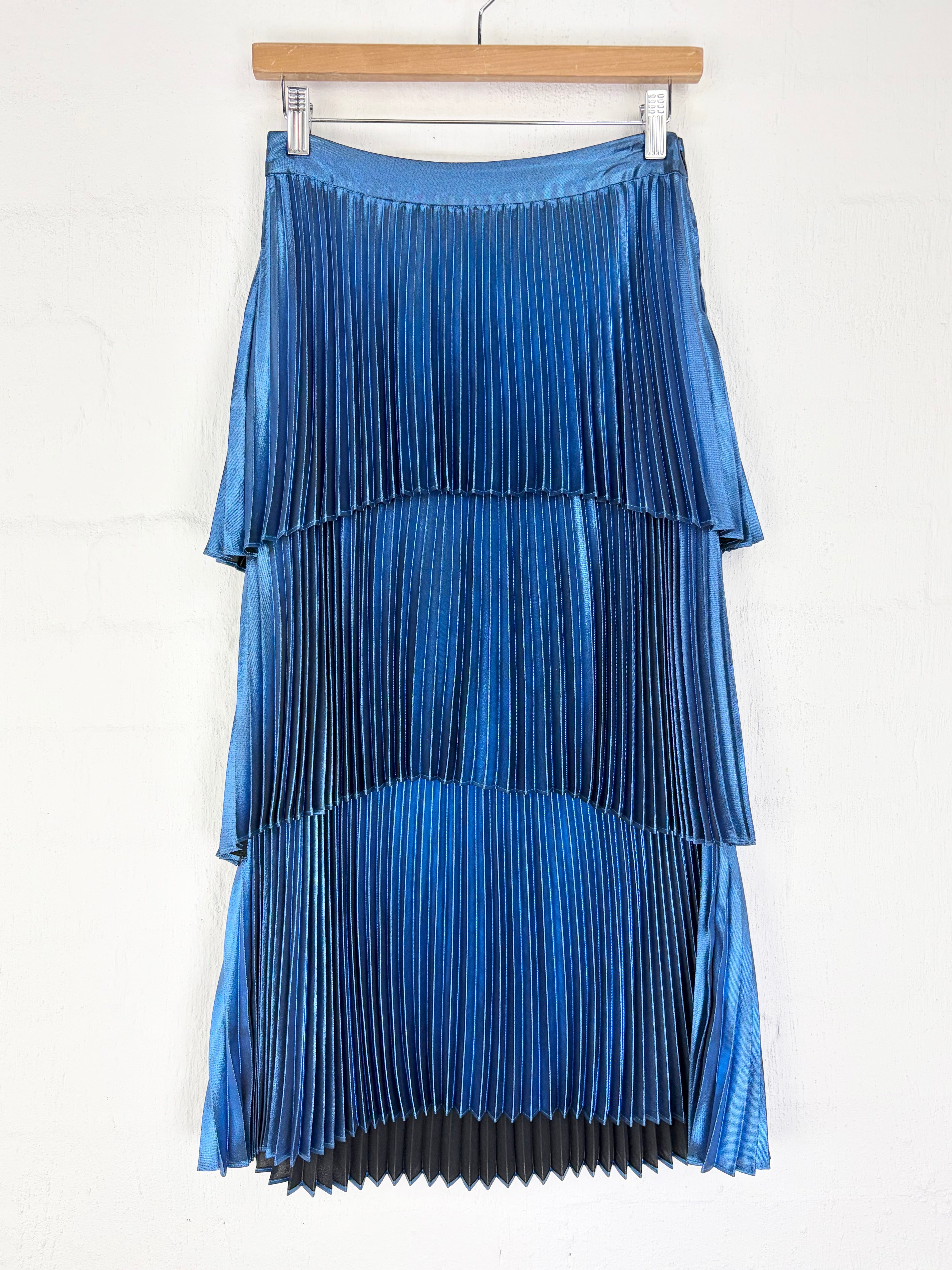 A.L.C x Barneys Blue Metallic 'Harley' Tiered Pleated Midi Skirt - AU8/10