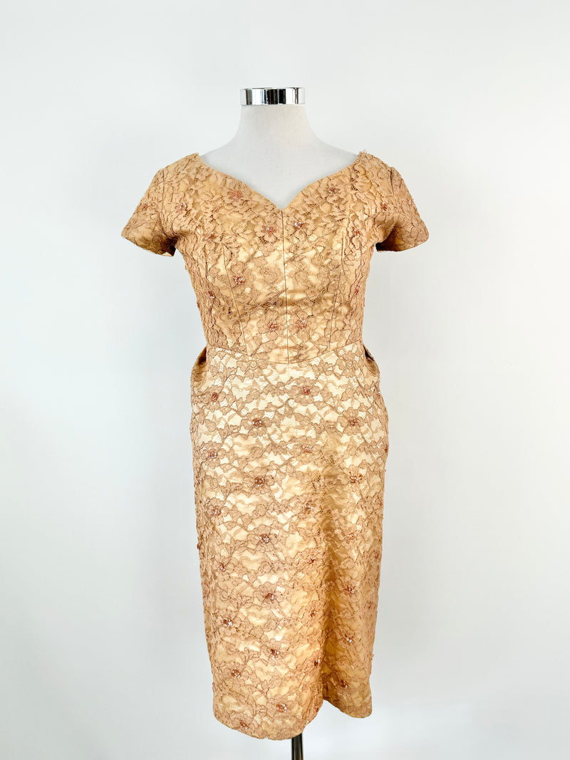 Vintage 50s Normal Original Dusty Peach Chantilly Lace Dress - AU10/12