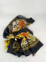 Vintage Armelle de Abblard Black Botanical Print Sheer Silk Scarf