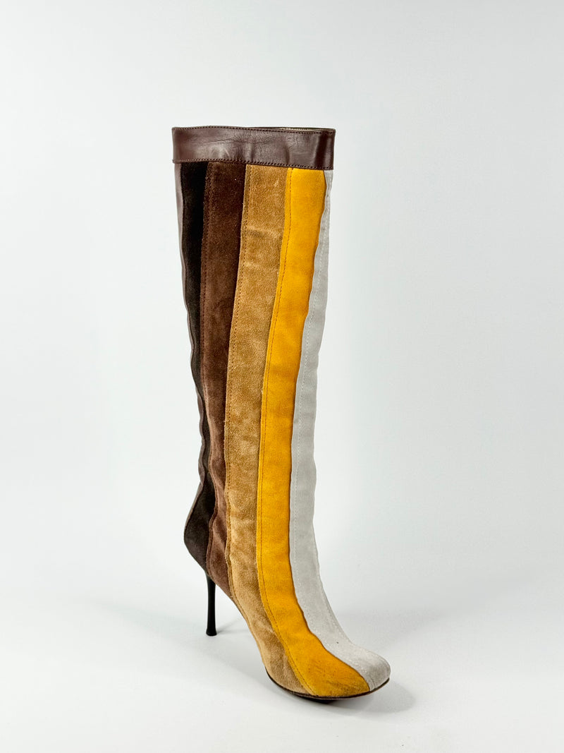 Miss Sixty Gold & Brown Suede Strip Knee Hight Boots - EU39
