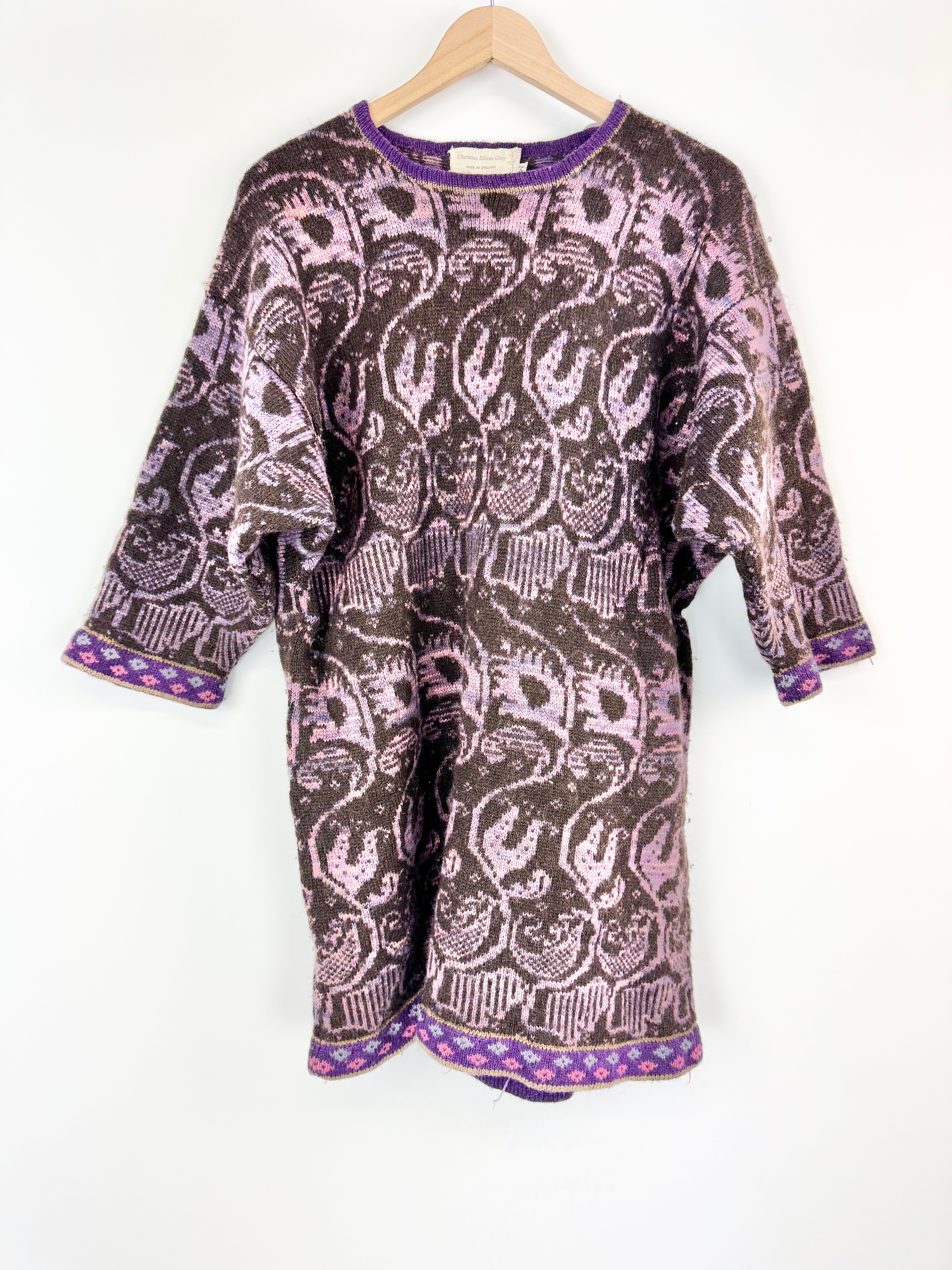 Christine Elliot Grey Purple and Brown Patterned Wool Dress - AU10