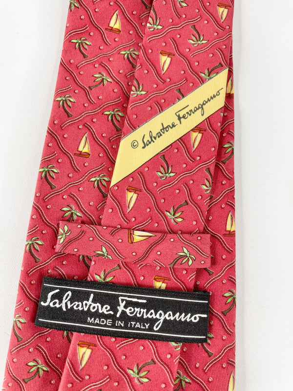 Salvatore Ferragamo Red Sailing Yacht & Palm Tree Print Silk Tie