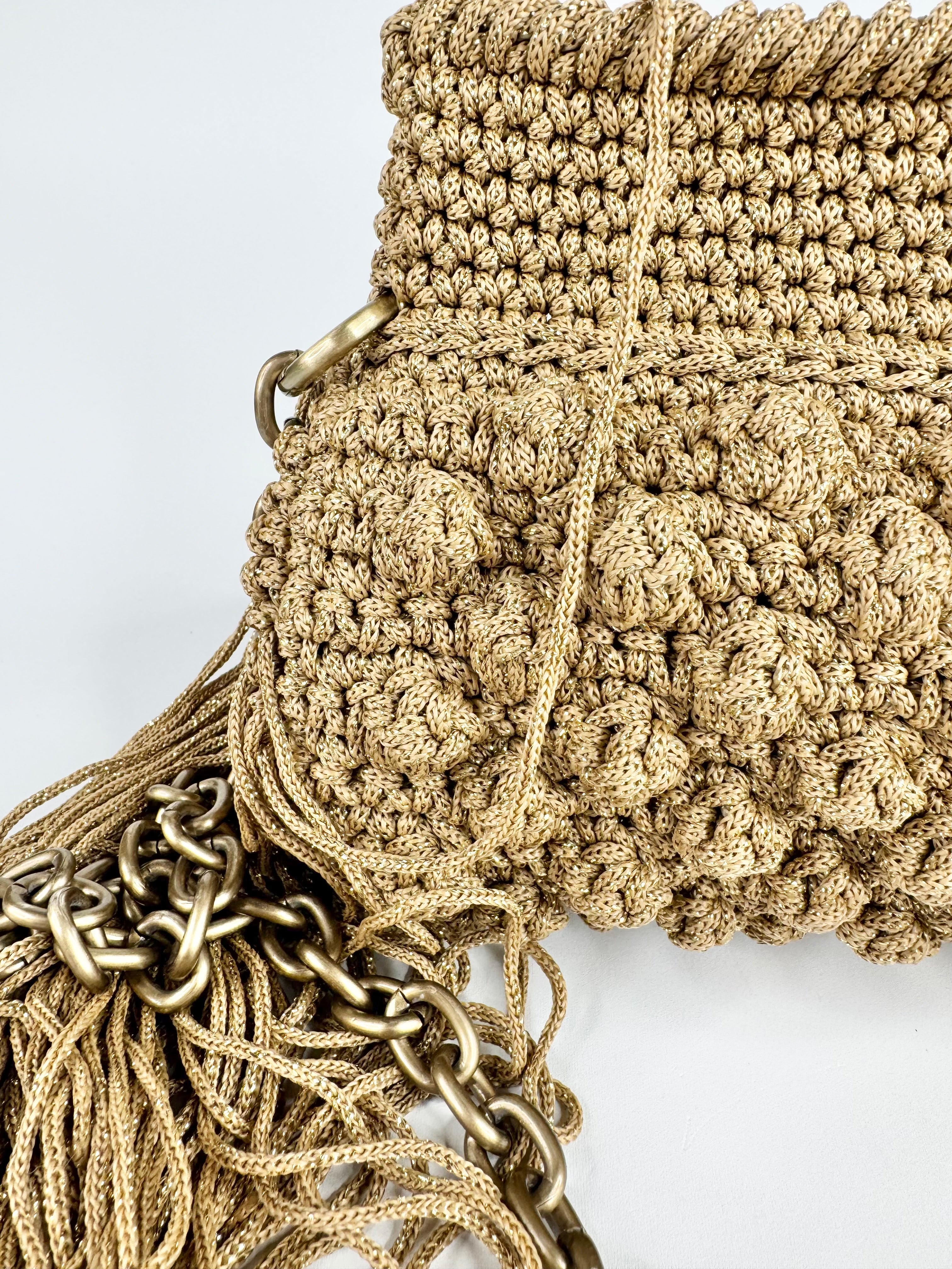 Lulu by Liana K Raffia Crochet Beige & Gold Fringed Bag