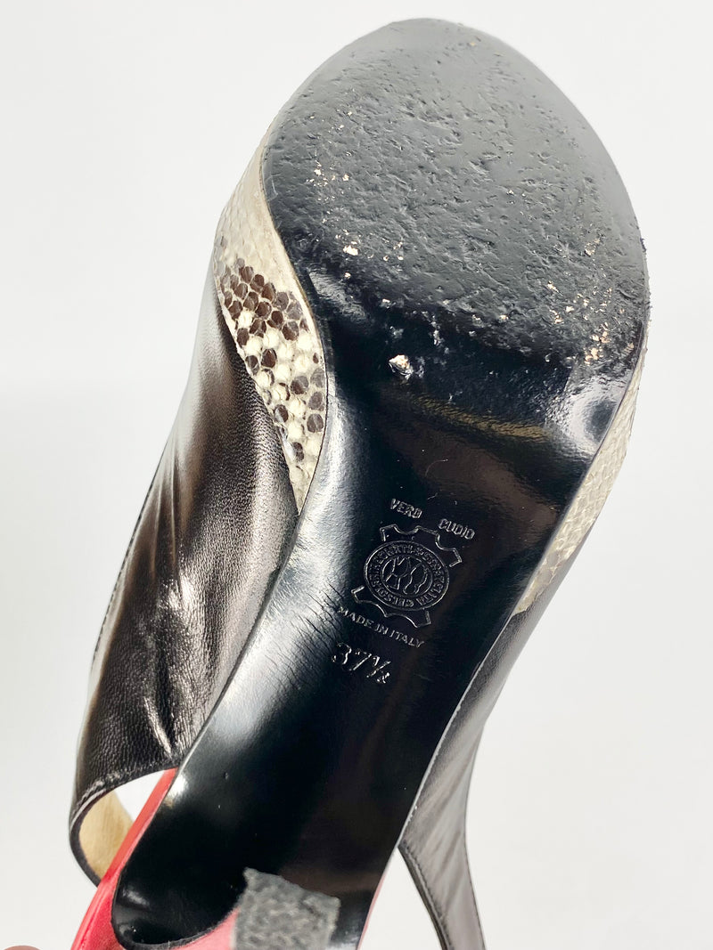 Filipo Raphael Black Red & Snakeprint Sling Back Stilettos - EU37.5