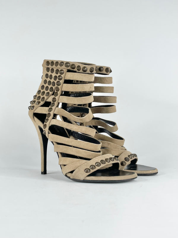 Giuseppe Zanotti X Balmain Beige Suede Studded Sandals - EU39