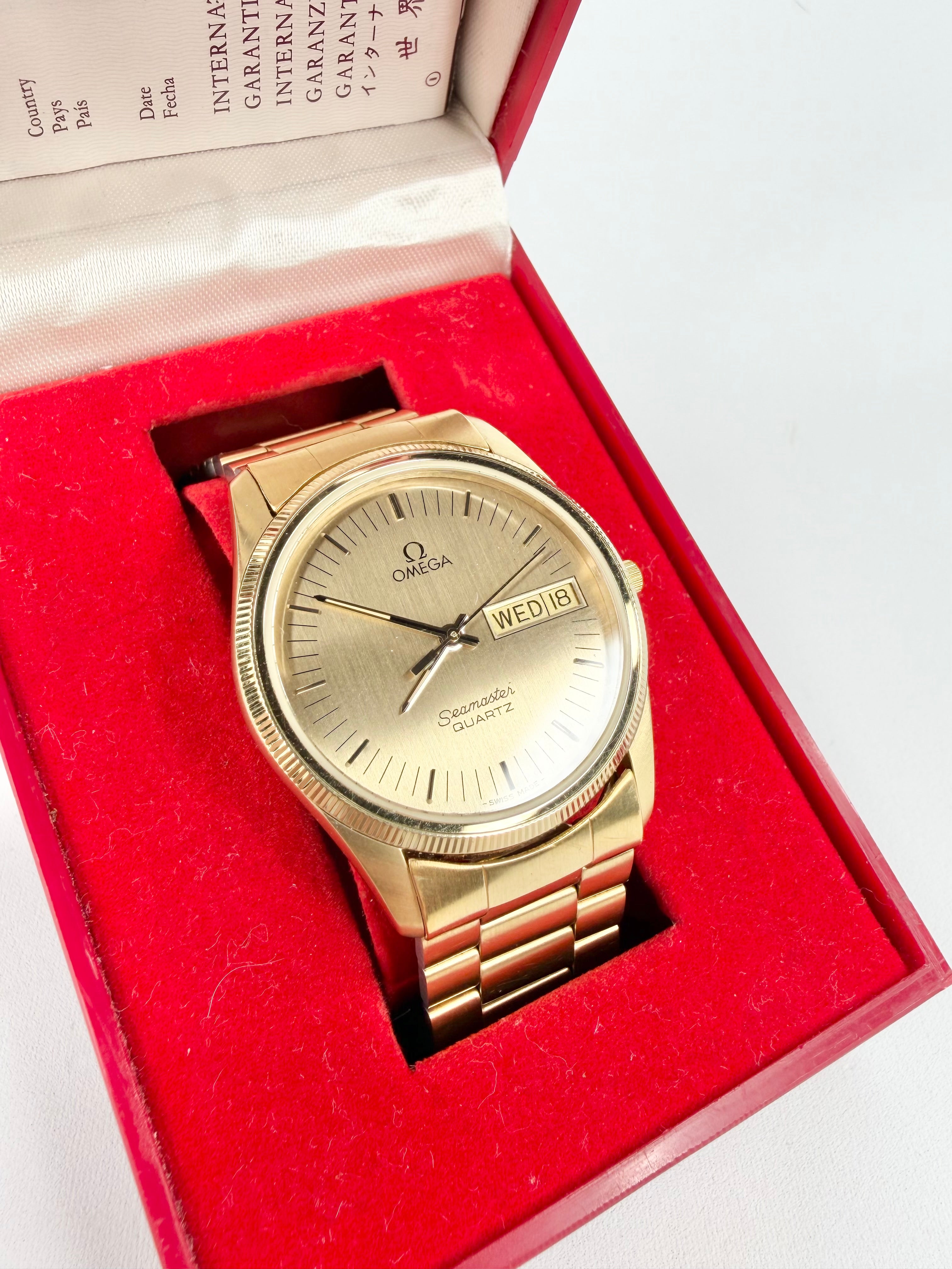 Vintage 80s Omega Gold Toned 'Seamaster' Quartz Watch in Box