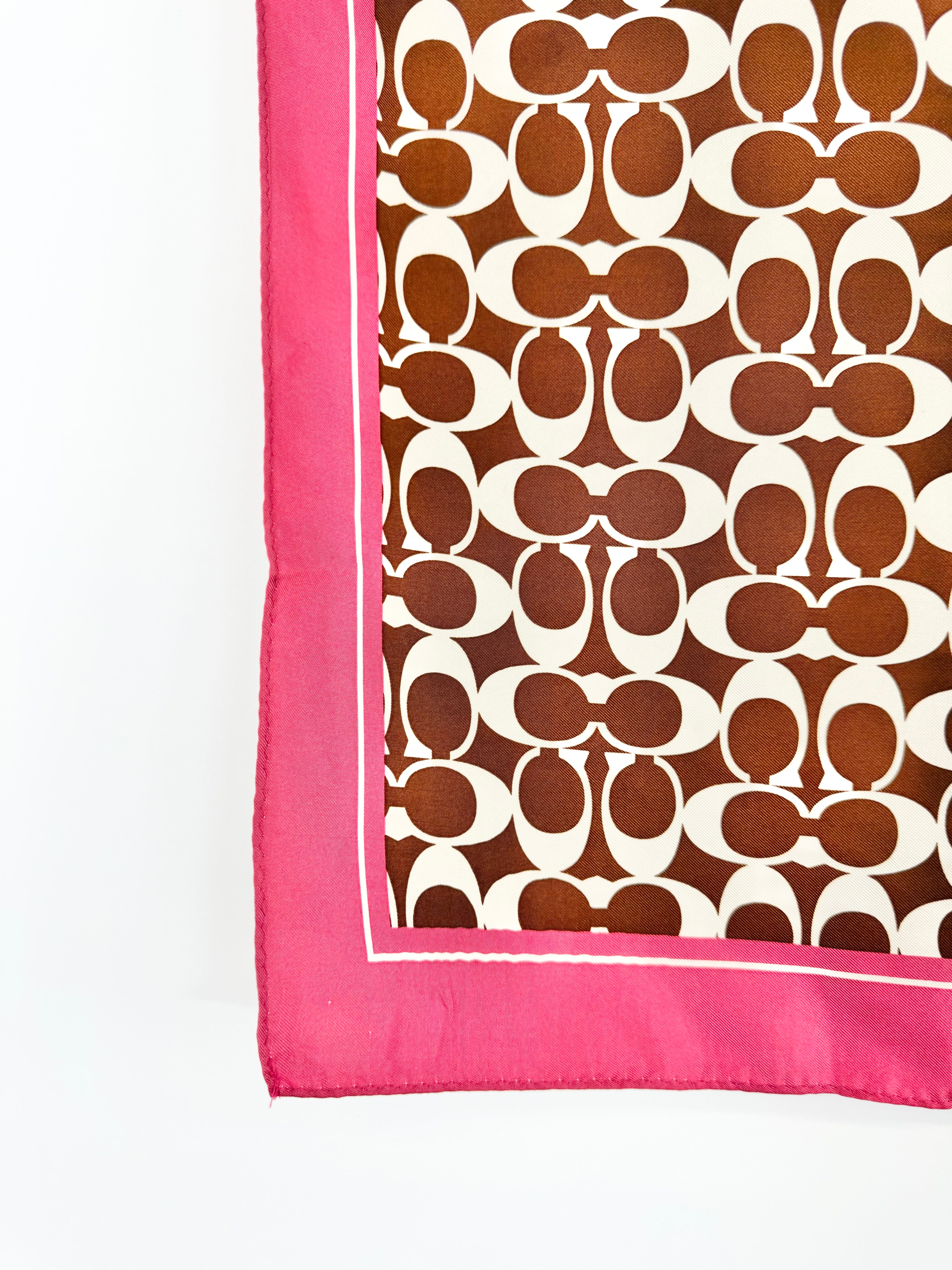 Coach Chocolate & Rose Pink Silk Logo Scarf