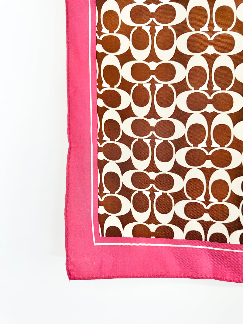 Coach Chocolate & Rose Pink Silk Logo Scarf