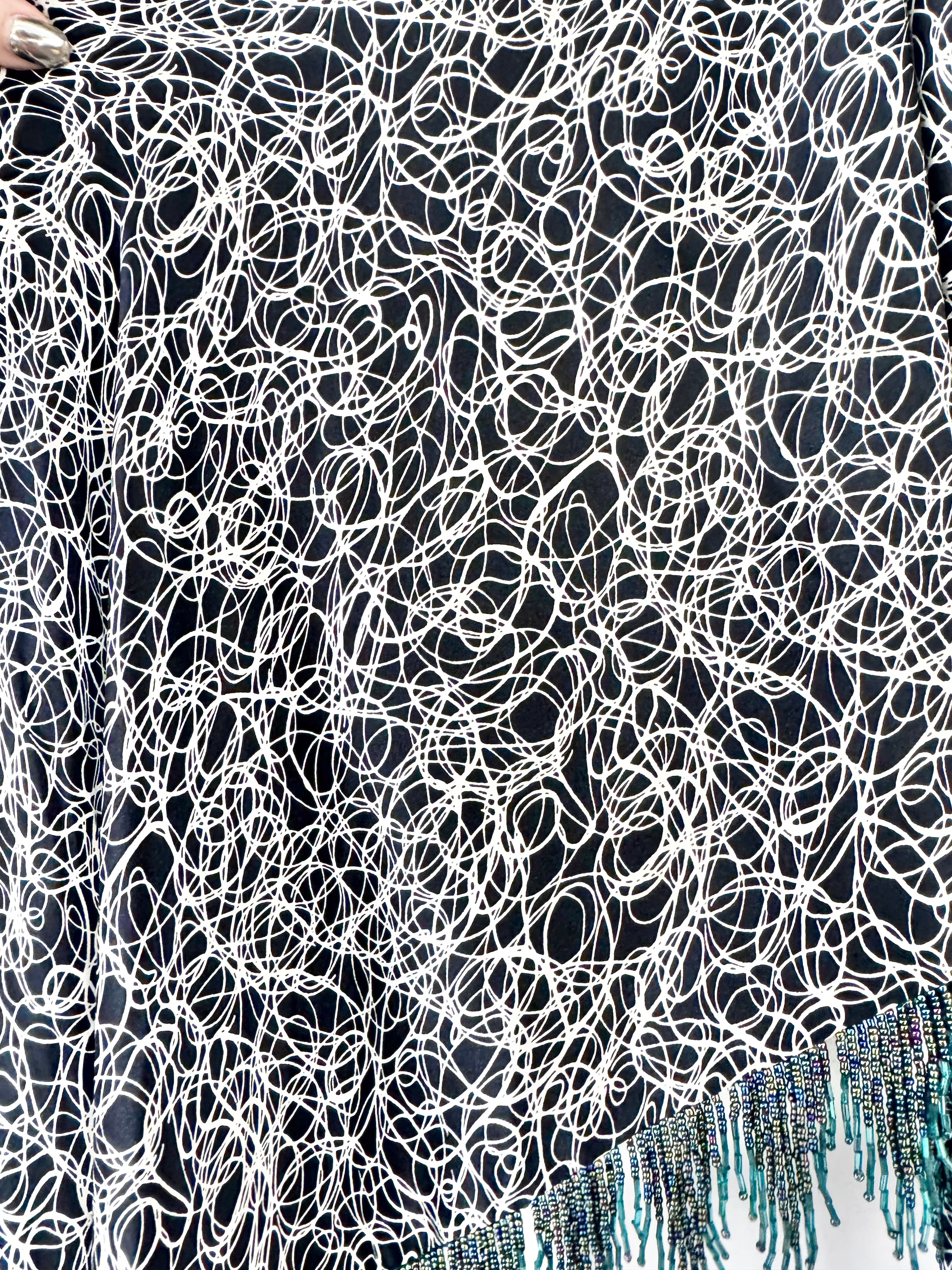 Prova Black & Cream Scribble Pattern Beaded & Fringed Triangle Scarf