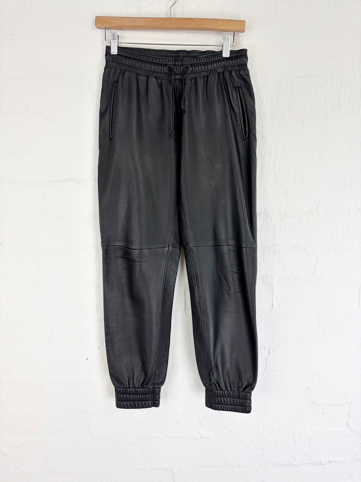 Zaliah Black Leather Cuffed Drawstring Pants - AU6/8