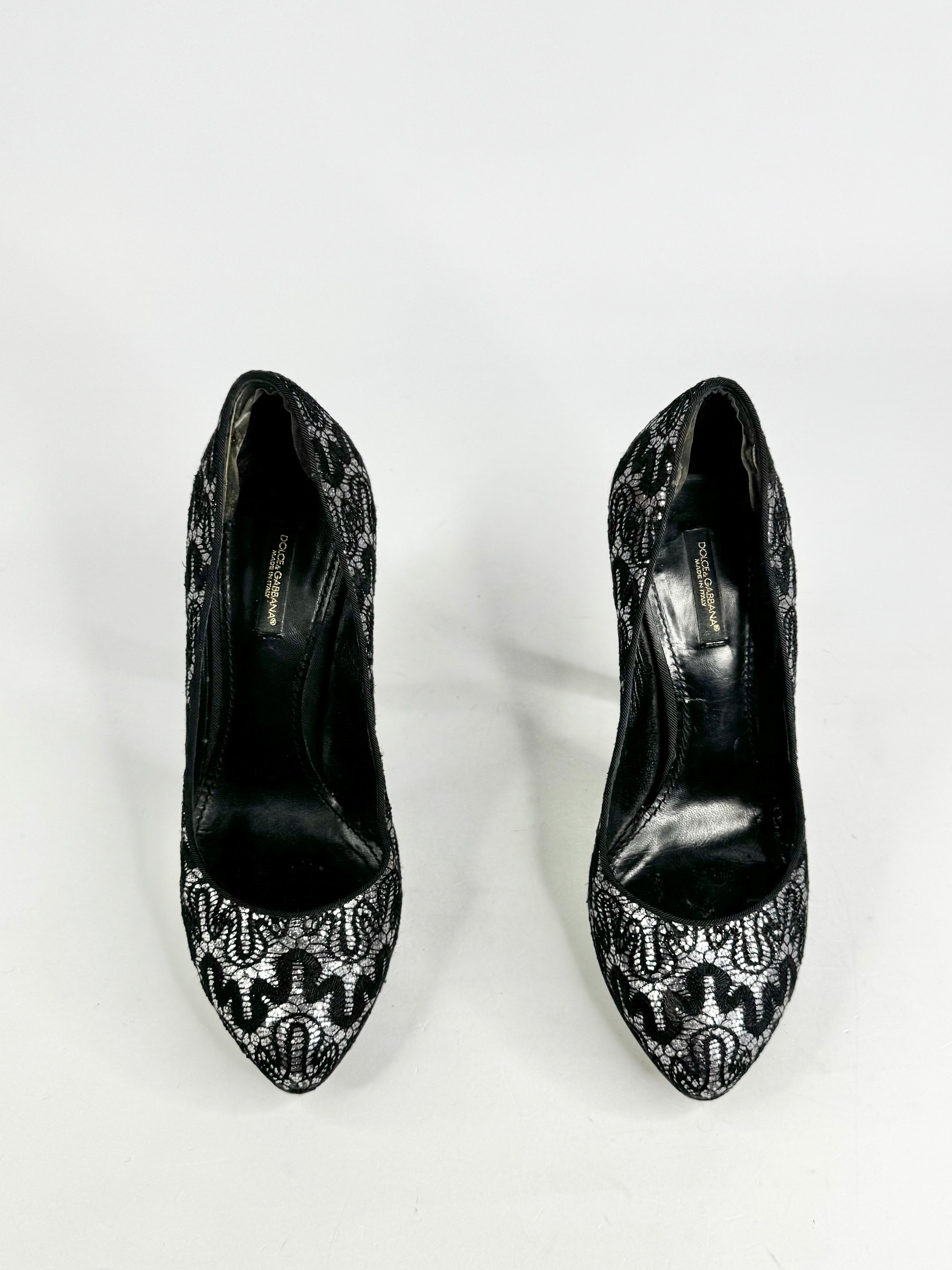 Dolce & Gabbana Silver & Black Squiggle Lace Patterned Stilettos - EU37