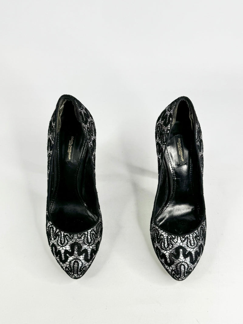 Dolce & Gabbana Silver & Black Squiggle Lace Patterned Stilettos - EU37