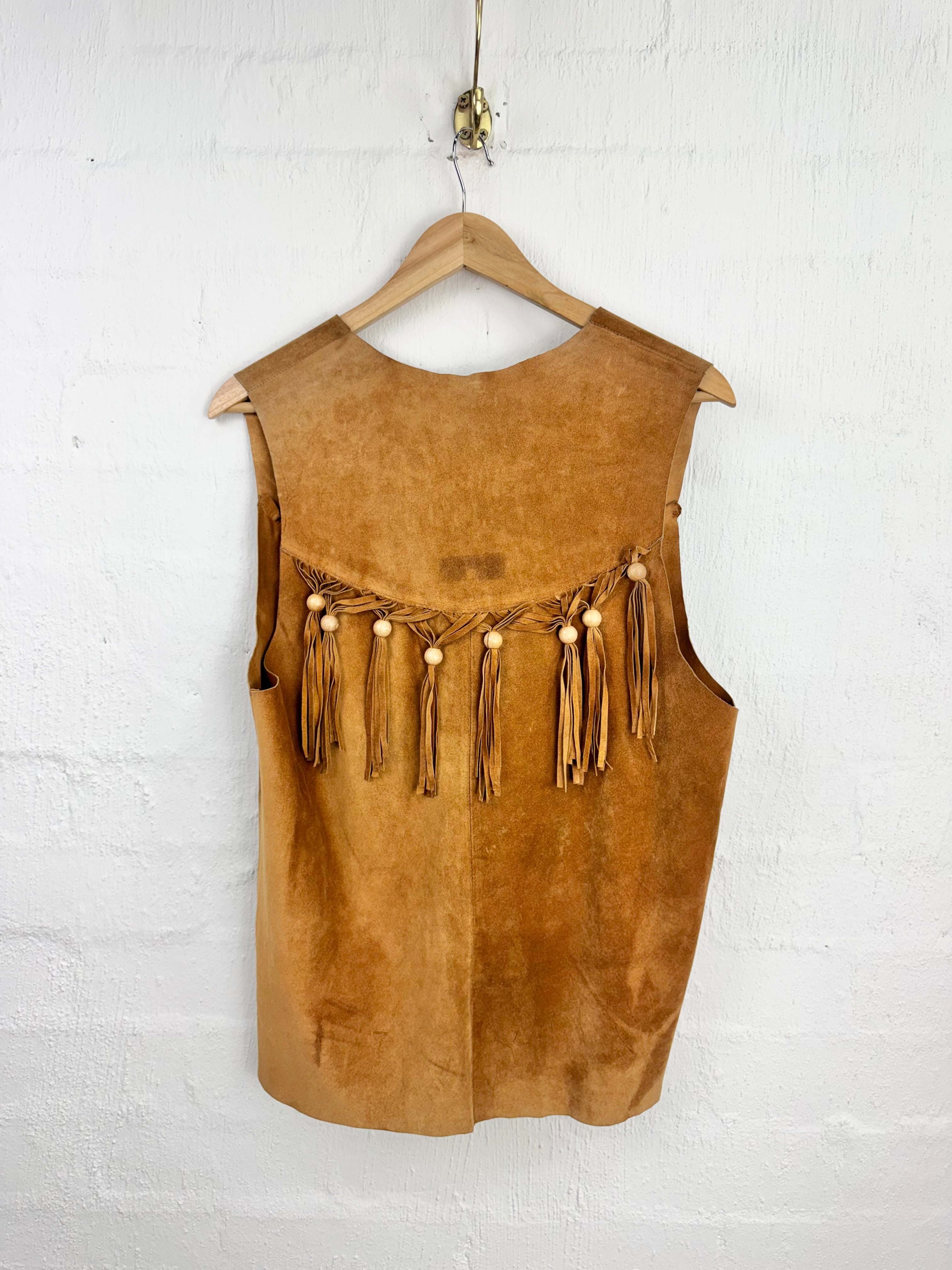 Vintage Tan Fringed Open Front Vest - AU10/12