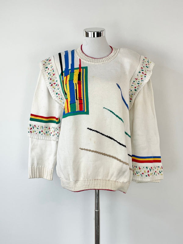 Vintage Australian Made White Printed Cotton Sweater - S