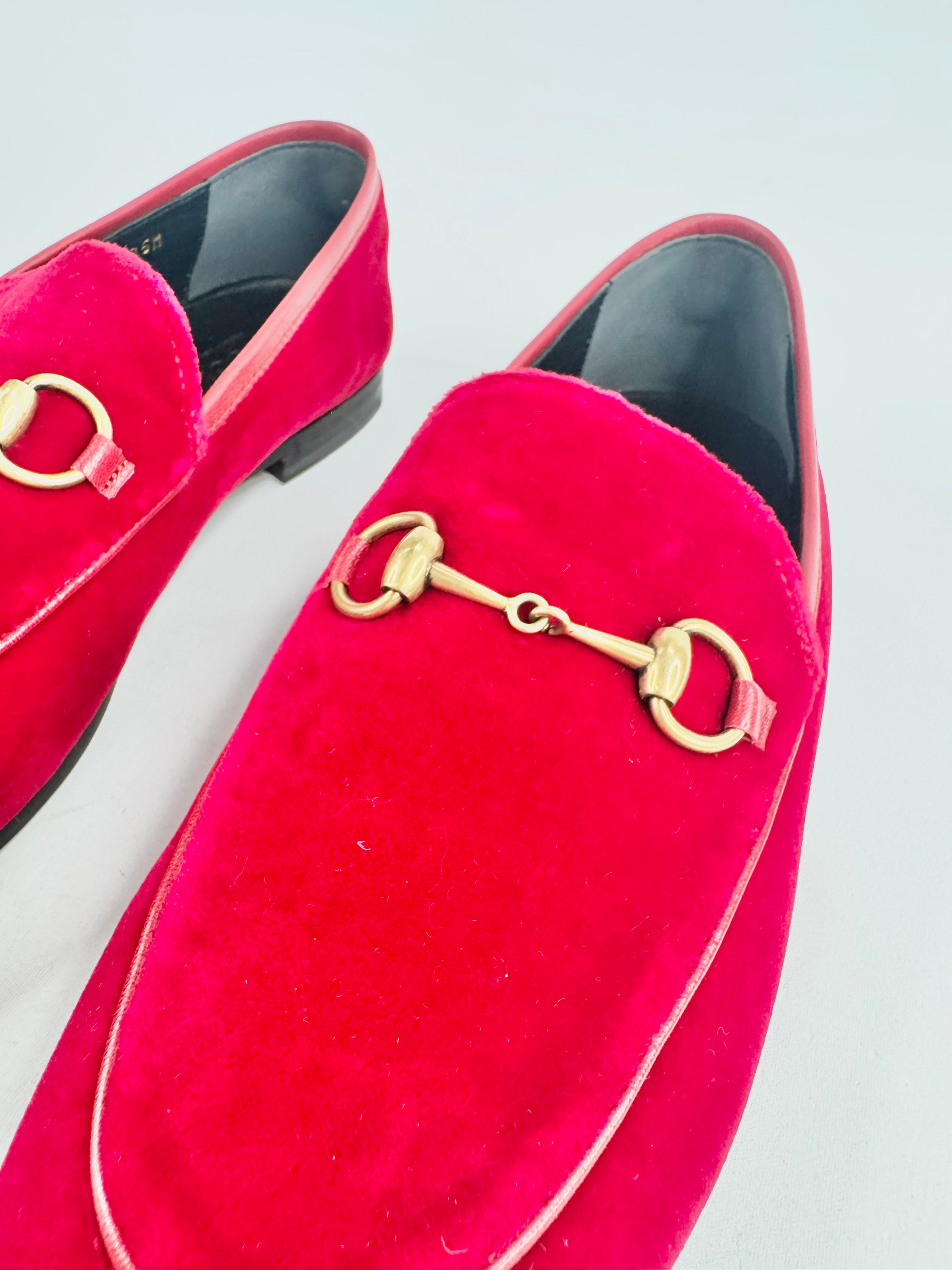 Gucci Red Velvet Horsebit Loafers - EU38.5