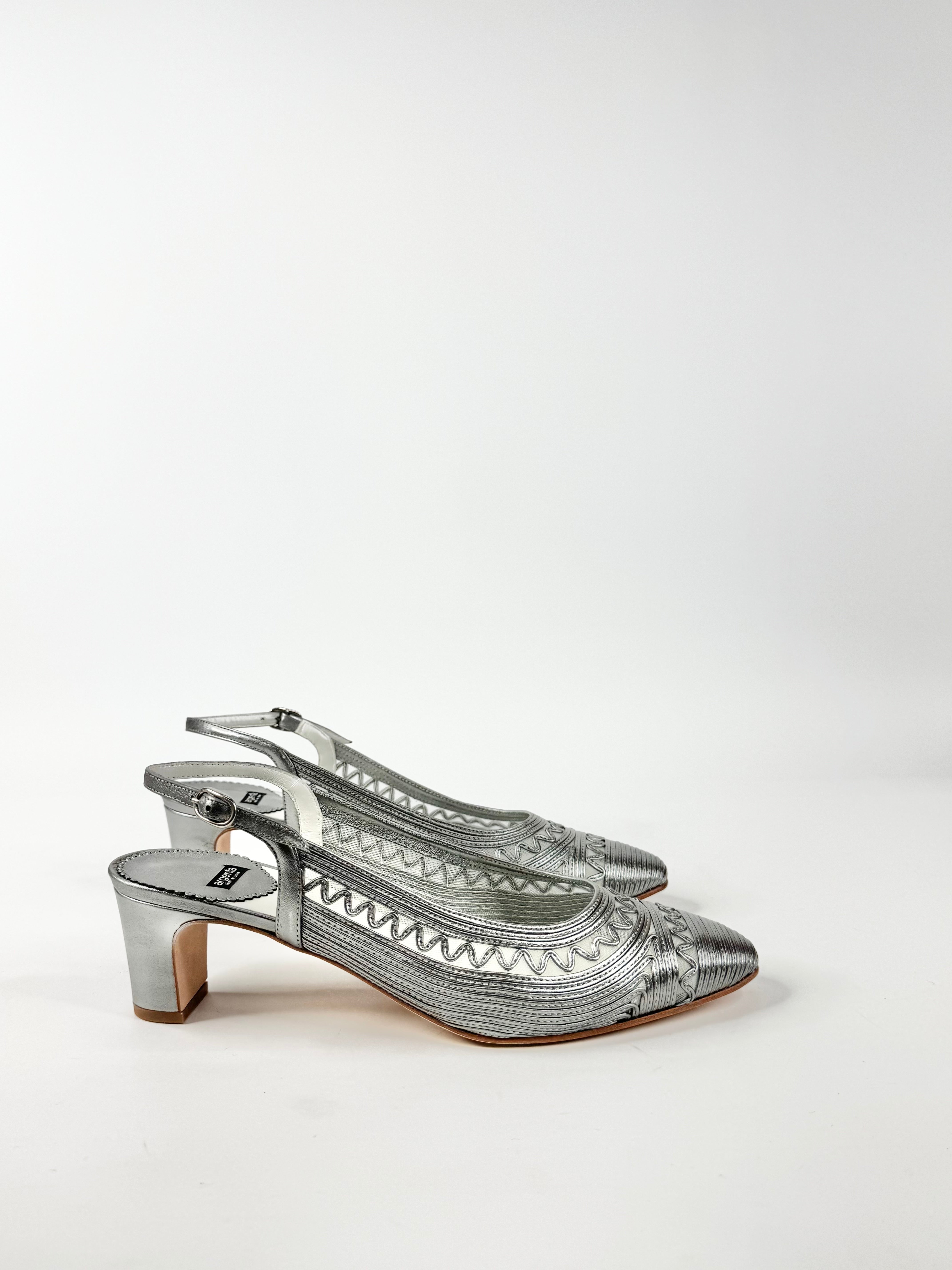 Argenta Metallic Silver Leather & Mesh Pointed Tod Kitten Heels NWT - EU40.5