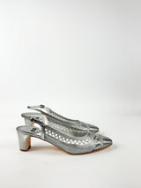 Argenta Metallic Silver Leather & Mesh Pointed Tod Kitten Heels NWT - EU40.5
