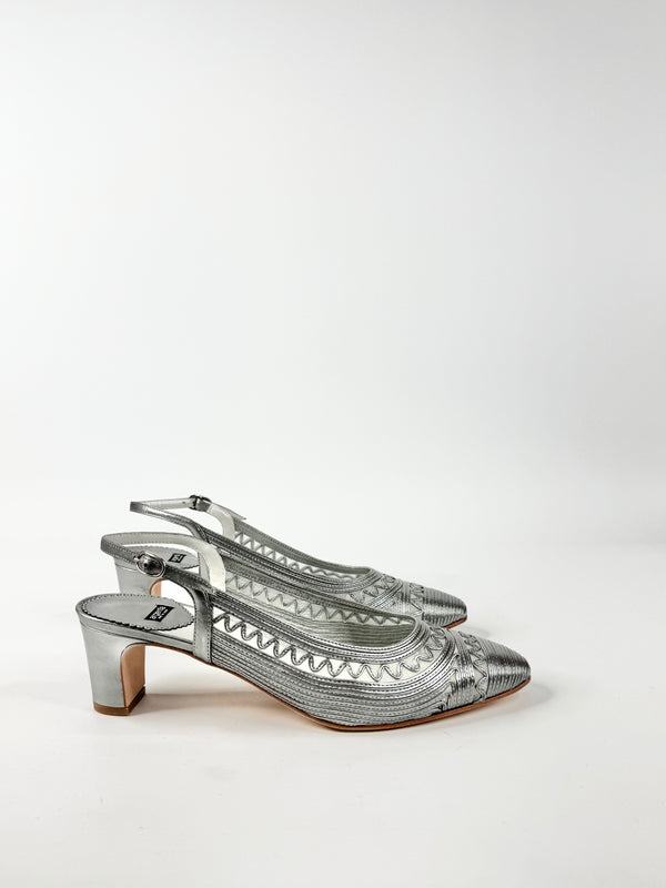 Argenta Metallic Silver Leather & Mesh Pointed Tod Kitten Heels NWT - EU40.5